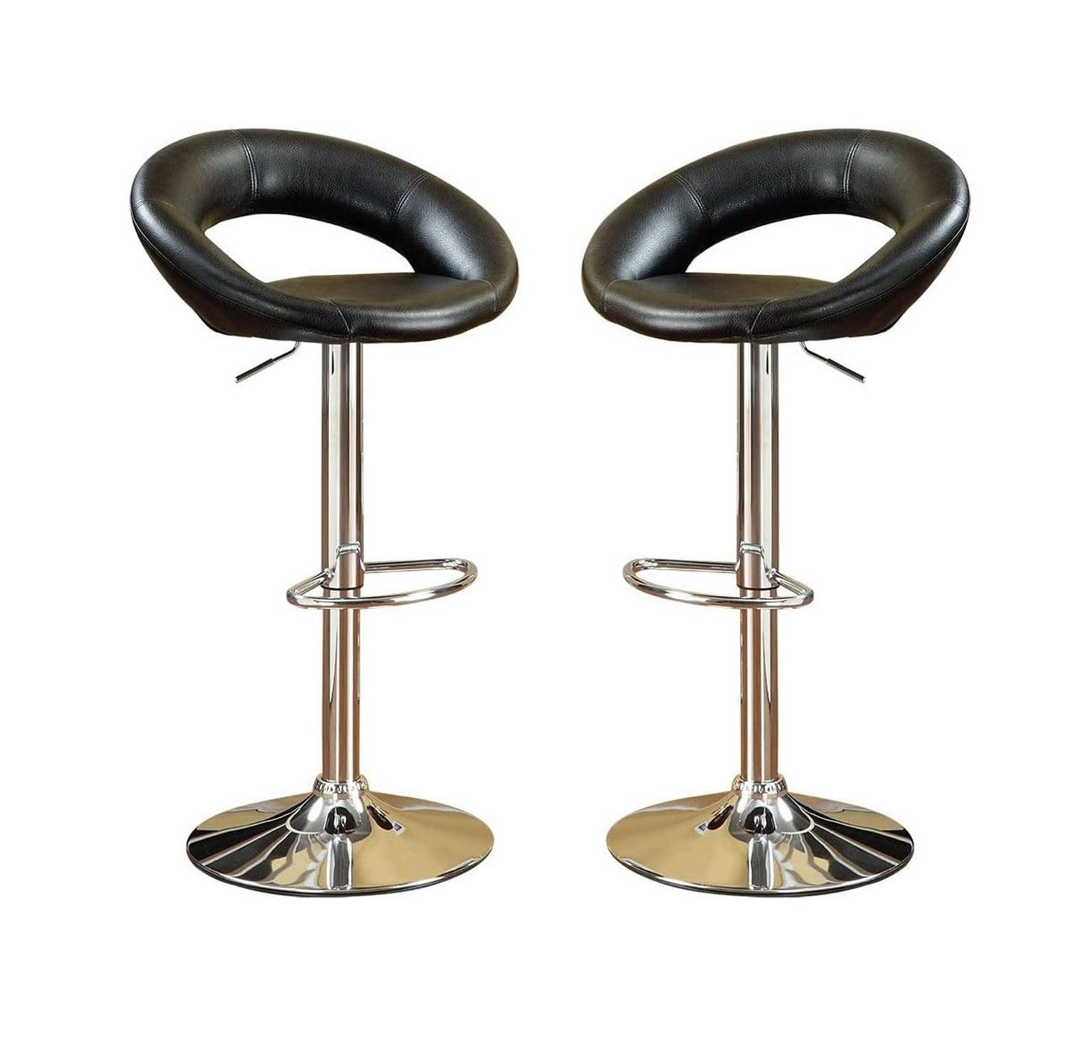 Modern Swivel Adjustable Bar Stool in Black Faux Leather and Silver Metal, Set of 2