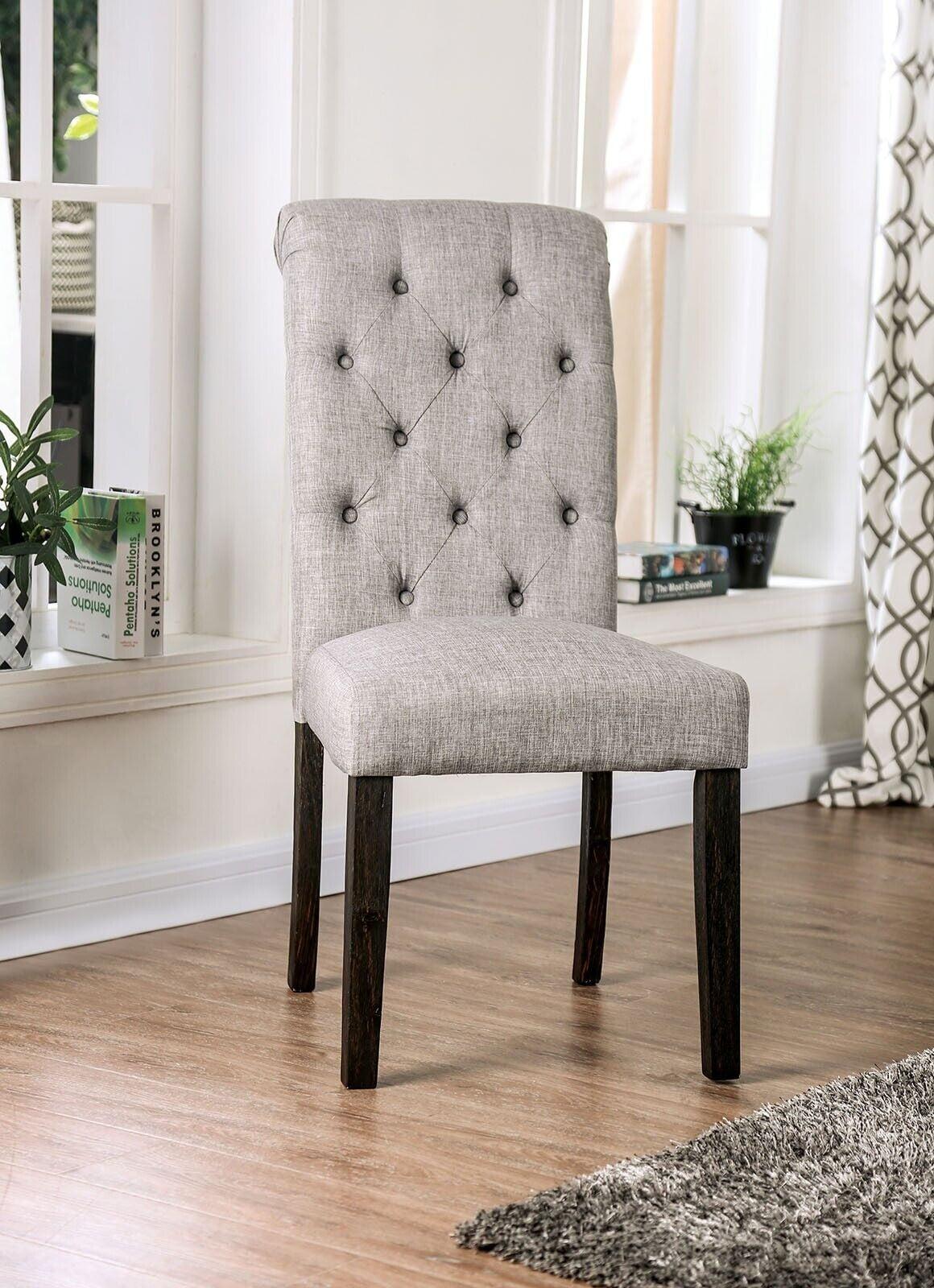 Rustic Antique Black & Light Gray Upholstered Wood Side Chair Set