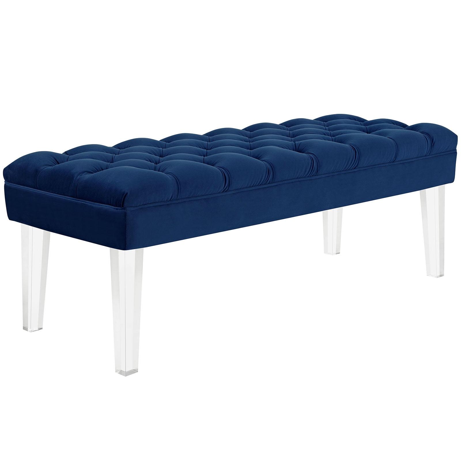 Navy Velvet Tufted Bench with Tapered Acrylic Legs