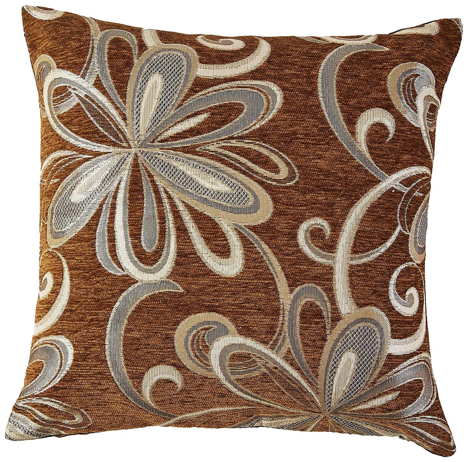 Brown Floral Embroidered Linen Square Throw Pillow