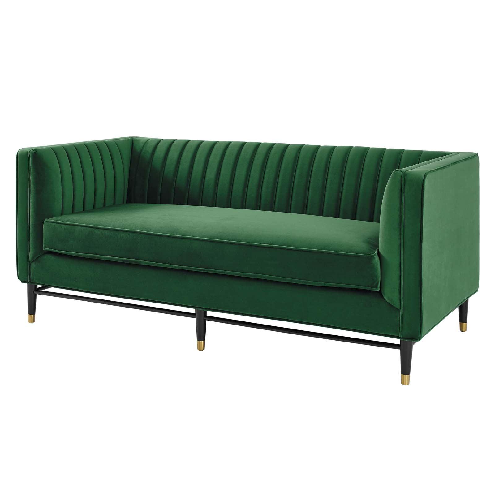 Devote Channel Tufted Performance Velvet Loveseat Emerald - Modway: Glam Deco Style, Stain-Resistant, Gold Accents