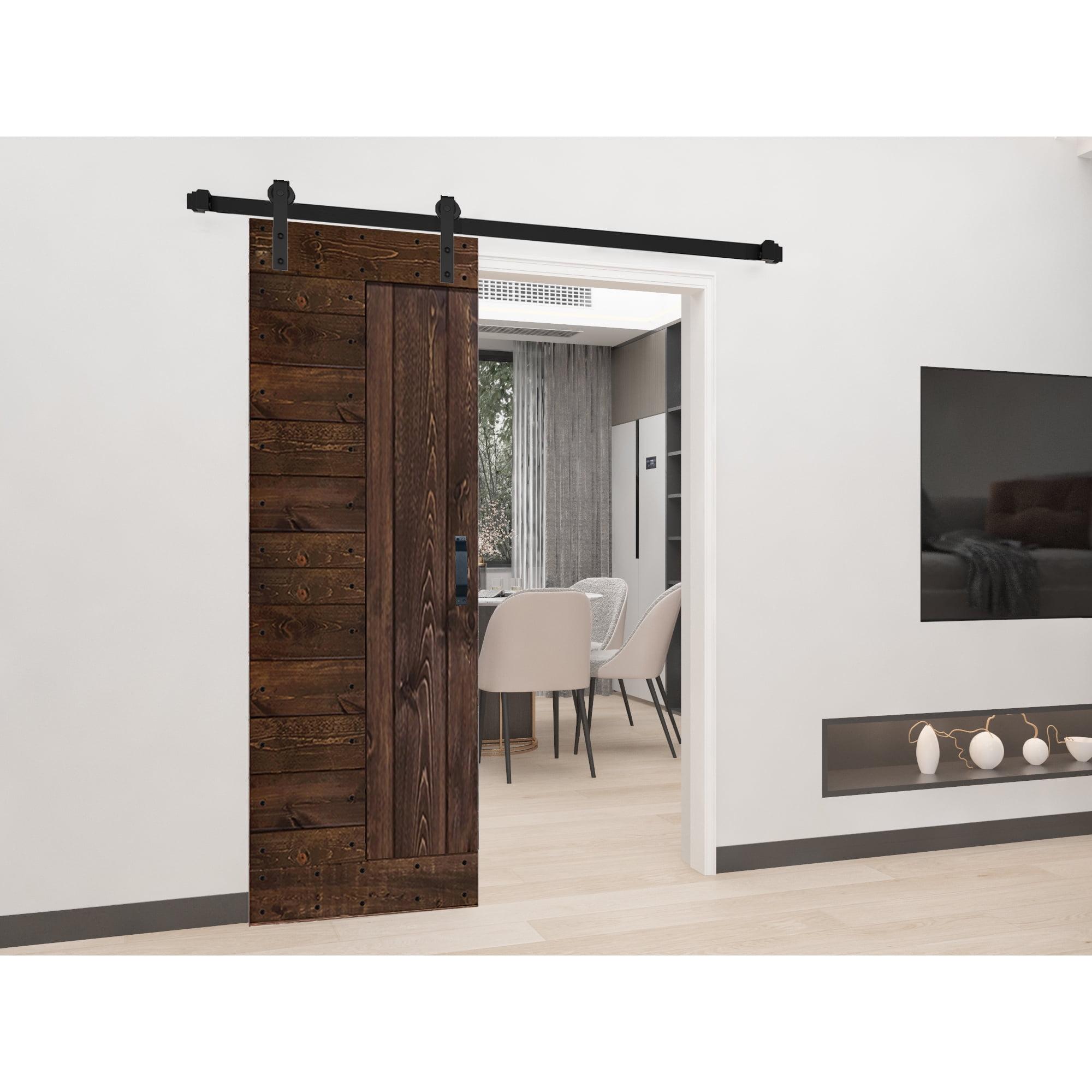 Kona Coffee Solid Wood Sliding Barn Door Kit with Black Hardware