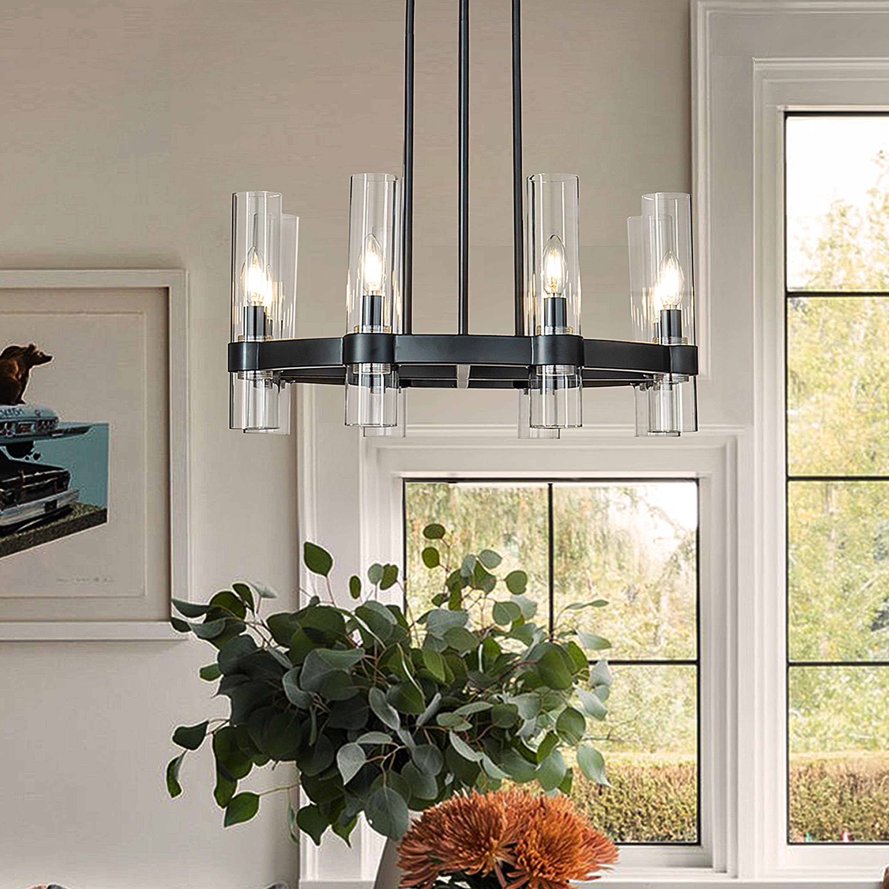 Modern Matte Black 25" Wagon Wheel Chandelier with Cylinder Glass Shades