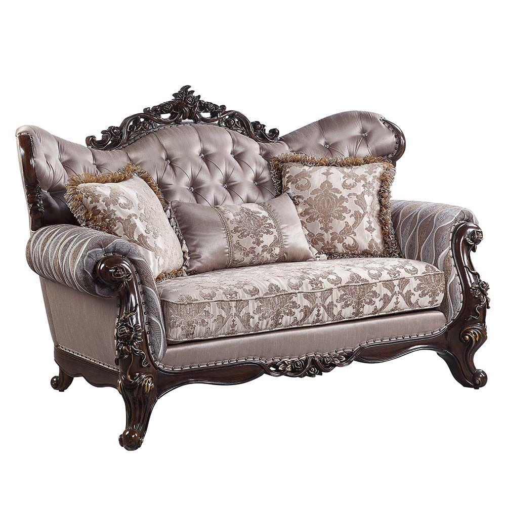 Antique Oak and Taupe Tufted Faux Leather Loveseat with Rolled Arms