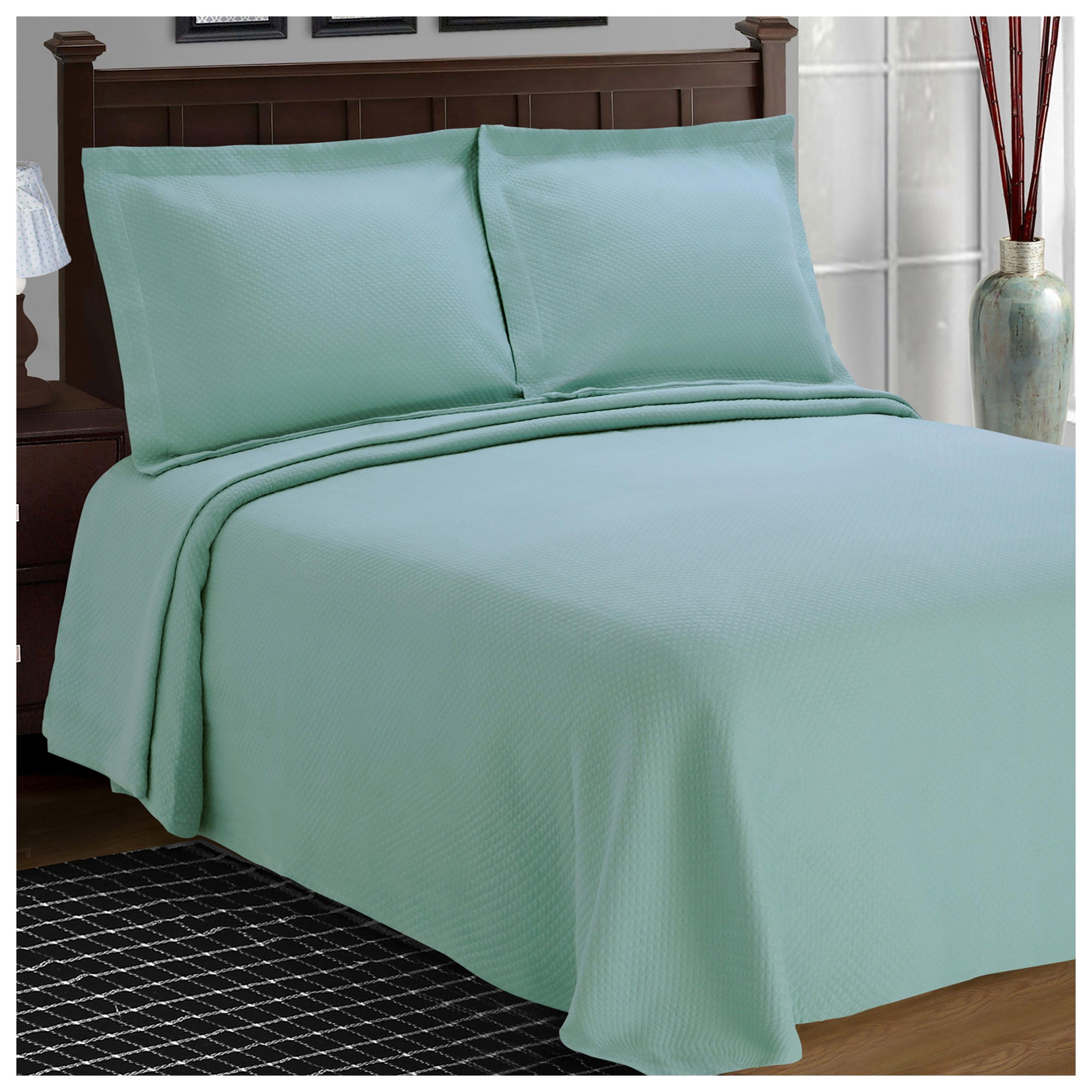 Aqua Cotton Queen Bedspread Set with Reversible Lattice Pattern