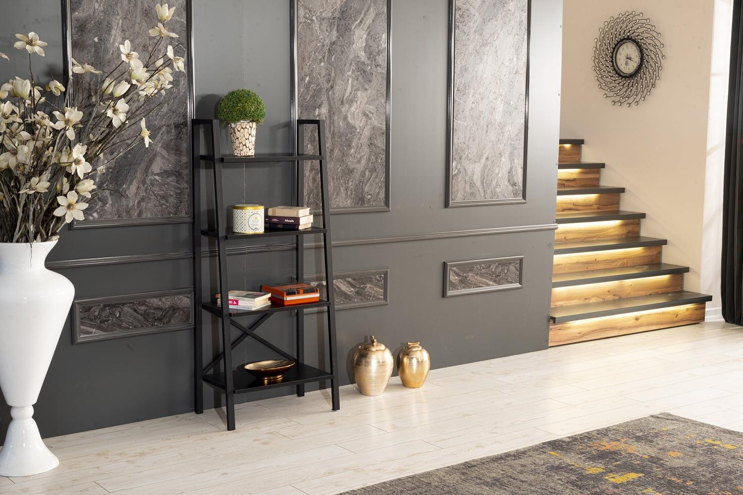 Leon 5 Tier Modern Ladder Bookshelf Organizers, Metal Frame Bookshelf for Small Spaces in Your Living Rooms, Office Furniture Bookcase, Black 949533