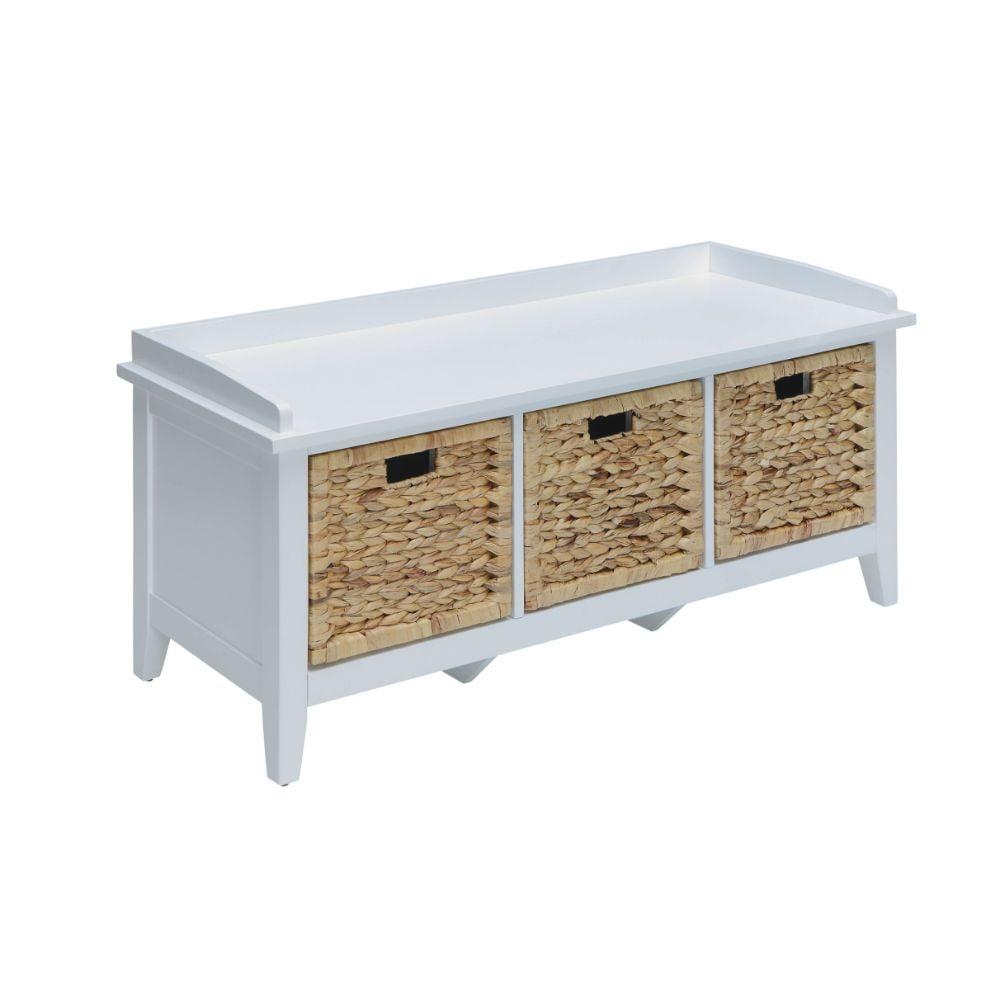 White Wood and Rattan Storage Bench with Drawers