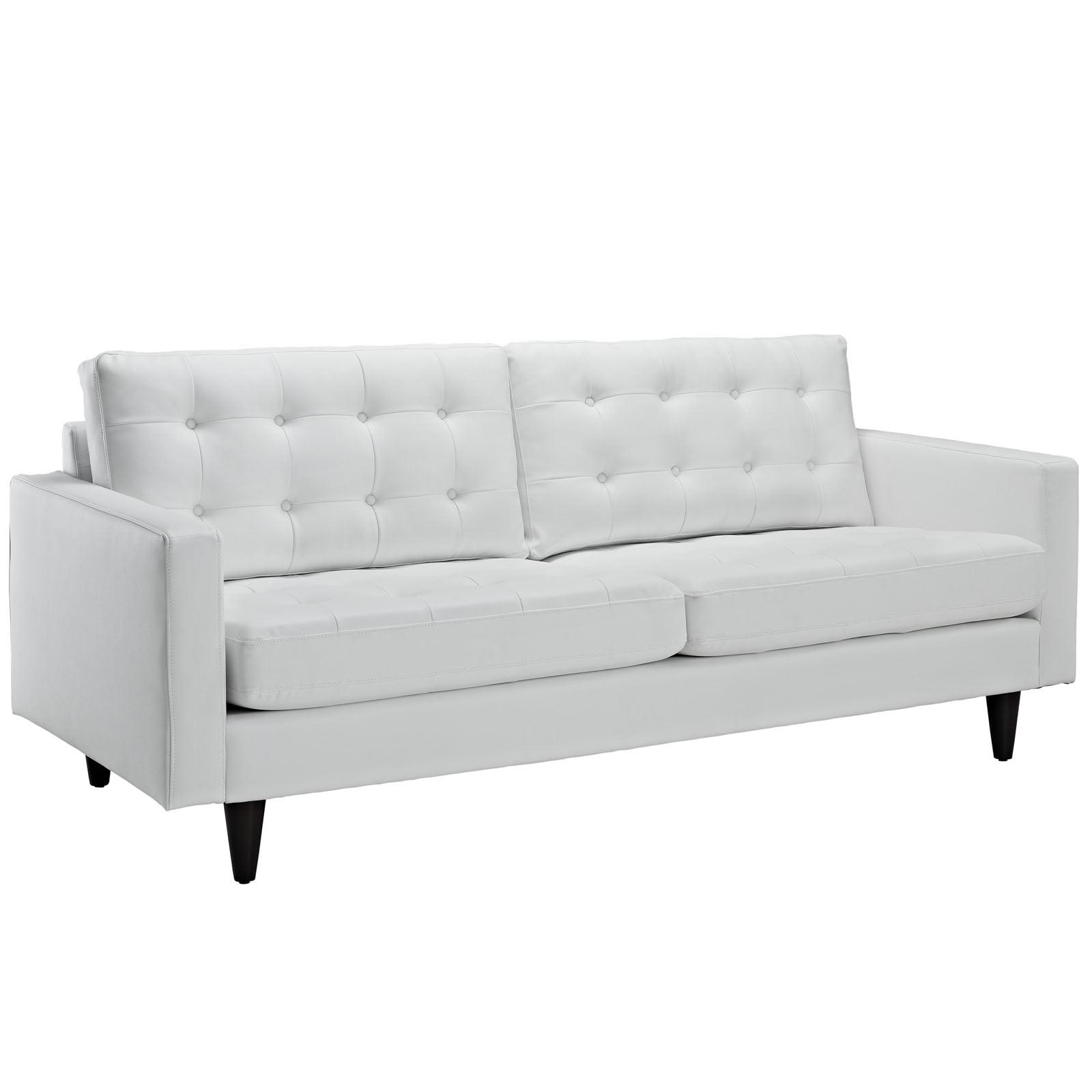 White Tufted Leather Sofa with Solid Wood Legs