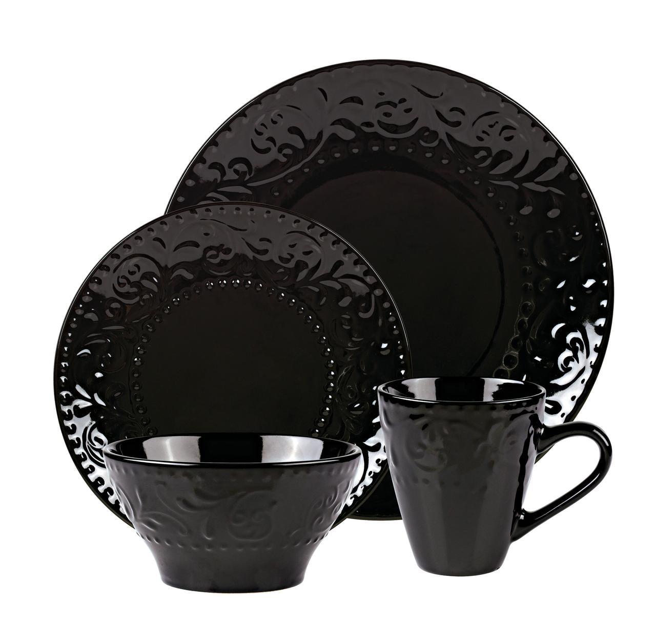 Black Embossed Ceramic 16-Piece Dinnerware Set