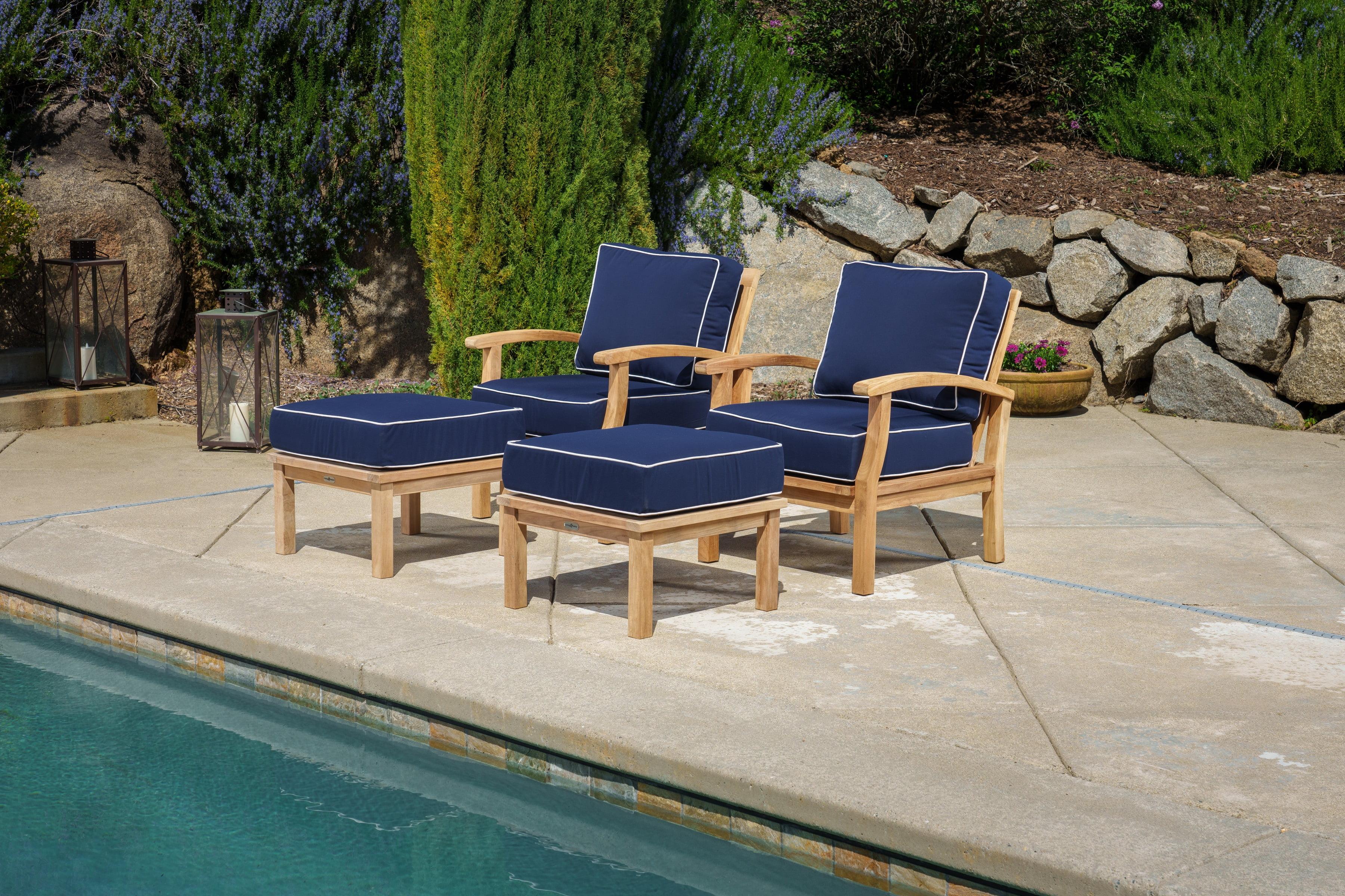 Jakarta Teak 4 Piece Club Chair and Ottoman Set with 2 Club Chairs and 2 Ottomans, Navy Cushions