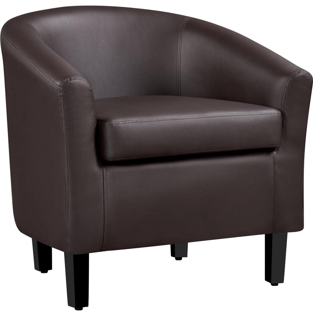 Espresso Faux Leather Barrel Accent Chair with Wood Legs