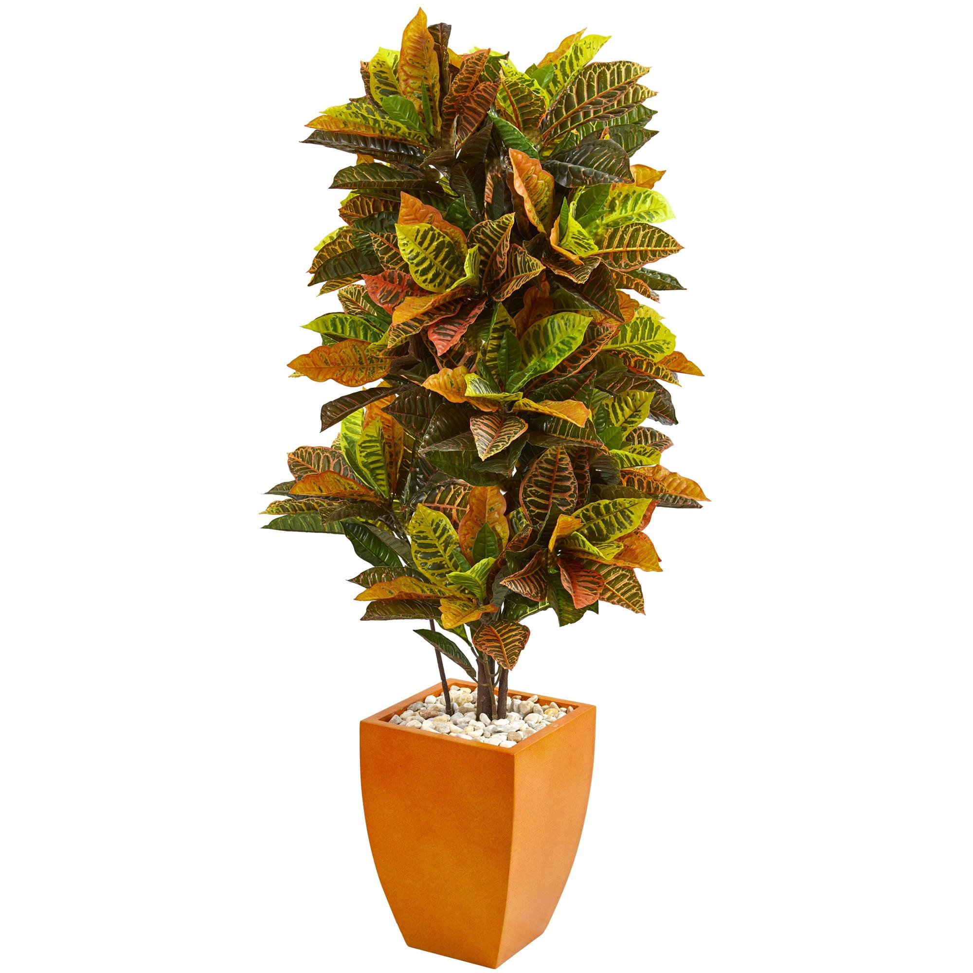 Nearly Natural 5.5-ft Croton Artificial Plant in Orange Planter (Real Touch)