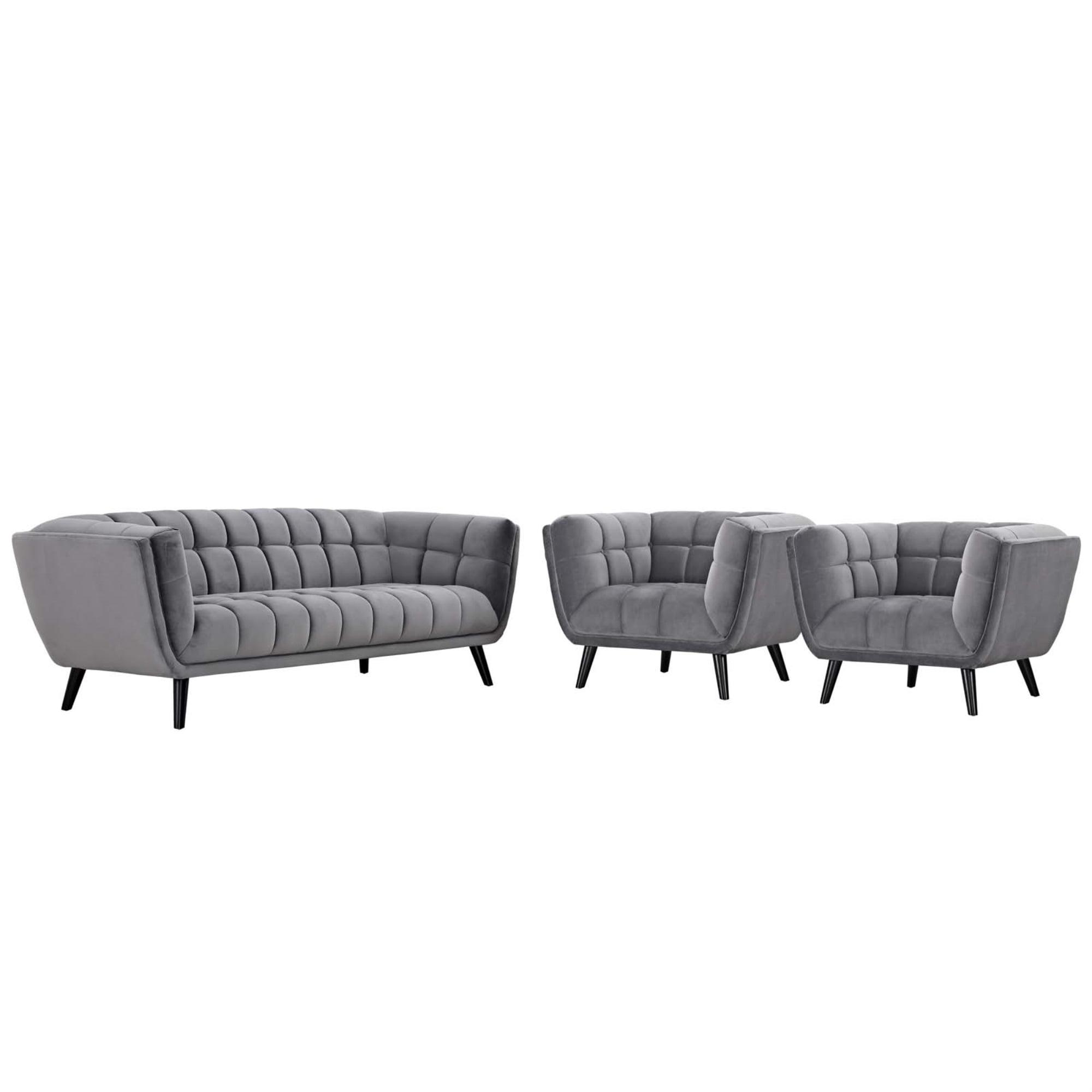 Bestow Grand Velvet 3-Piece Sofa and Armchair Set in Gray