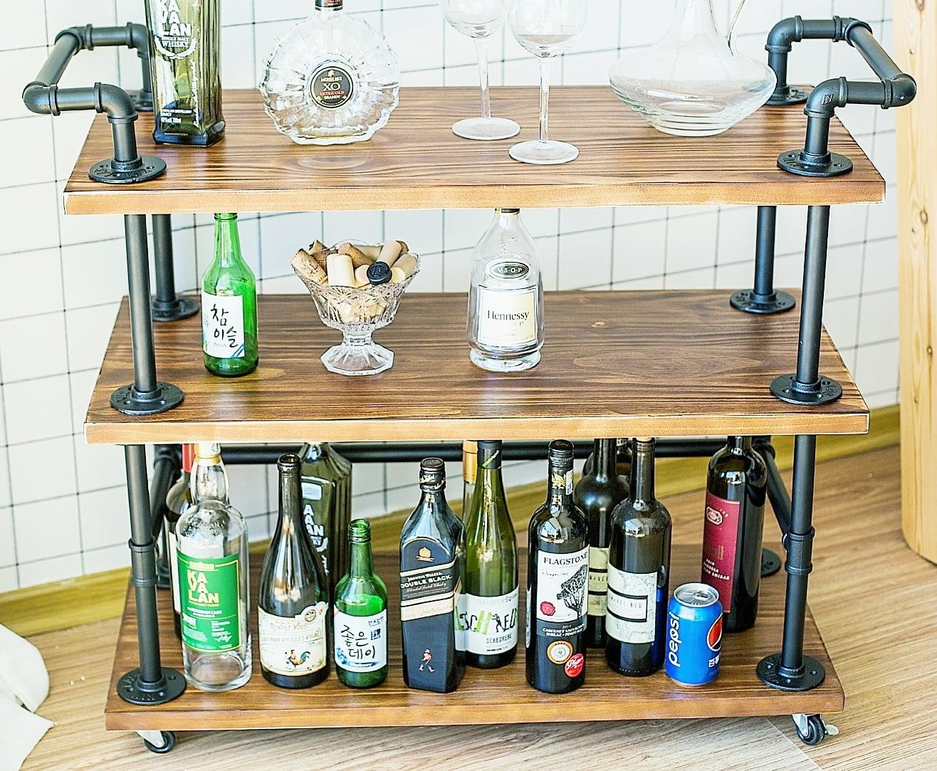 Industrial Bar Carts/Serving Carts/Kitchen Carts/Wine Rack Carts on Wheels with Storage - Industrial Rolling Carts - Wine Tea Liquor Shelves/Holder - Solid Wood and Metal Home Furniture