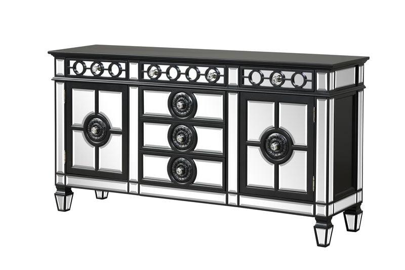 Luna Mirrored 68" Black Sideboard with Crystal Knobs and Geometric Trim