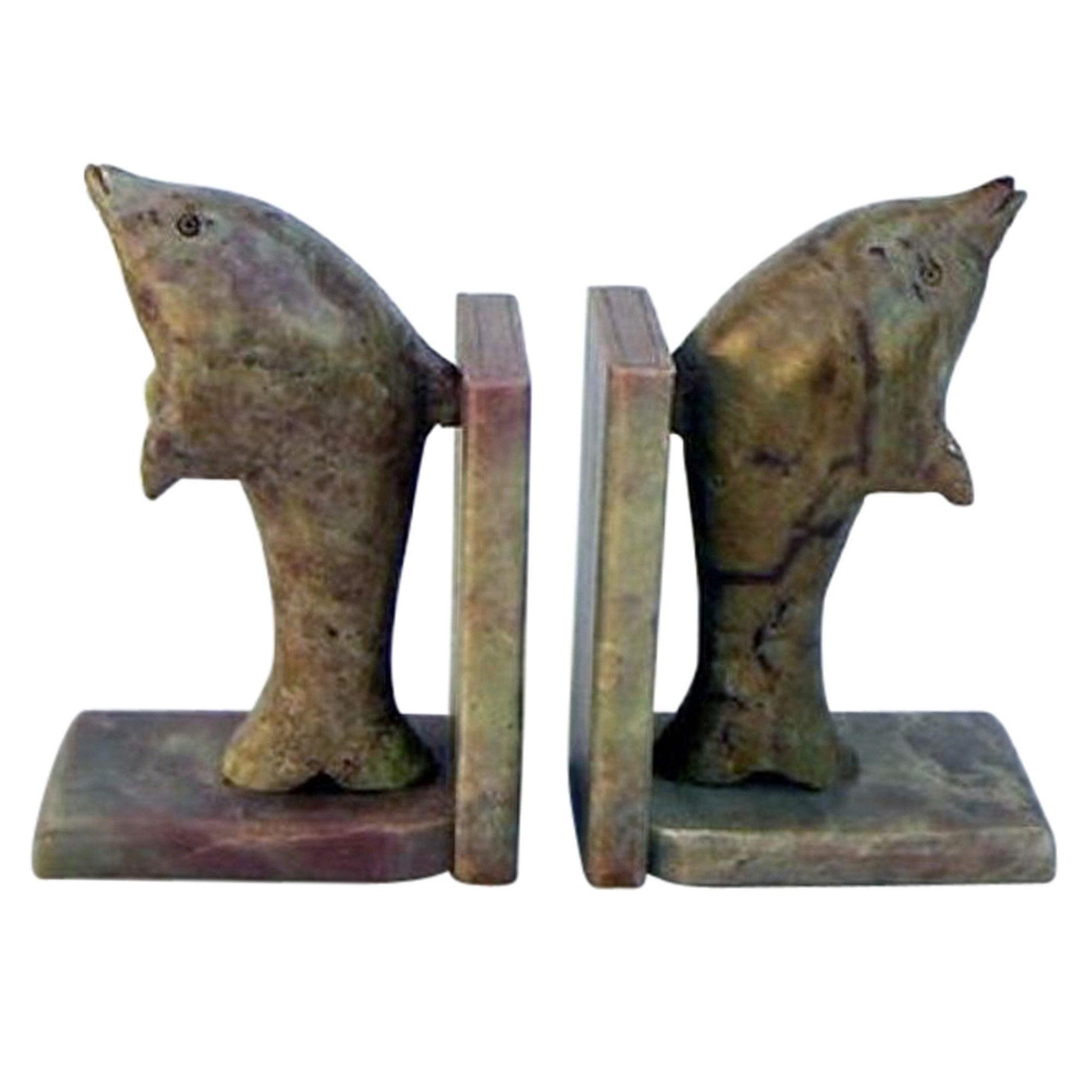 Elegant Artisan-Crafted Soapstone Dolphin Bookends, 6"