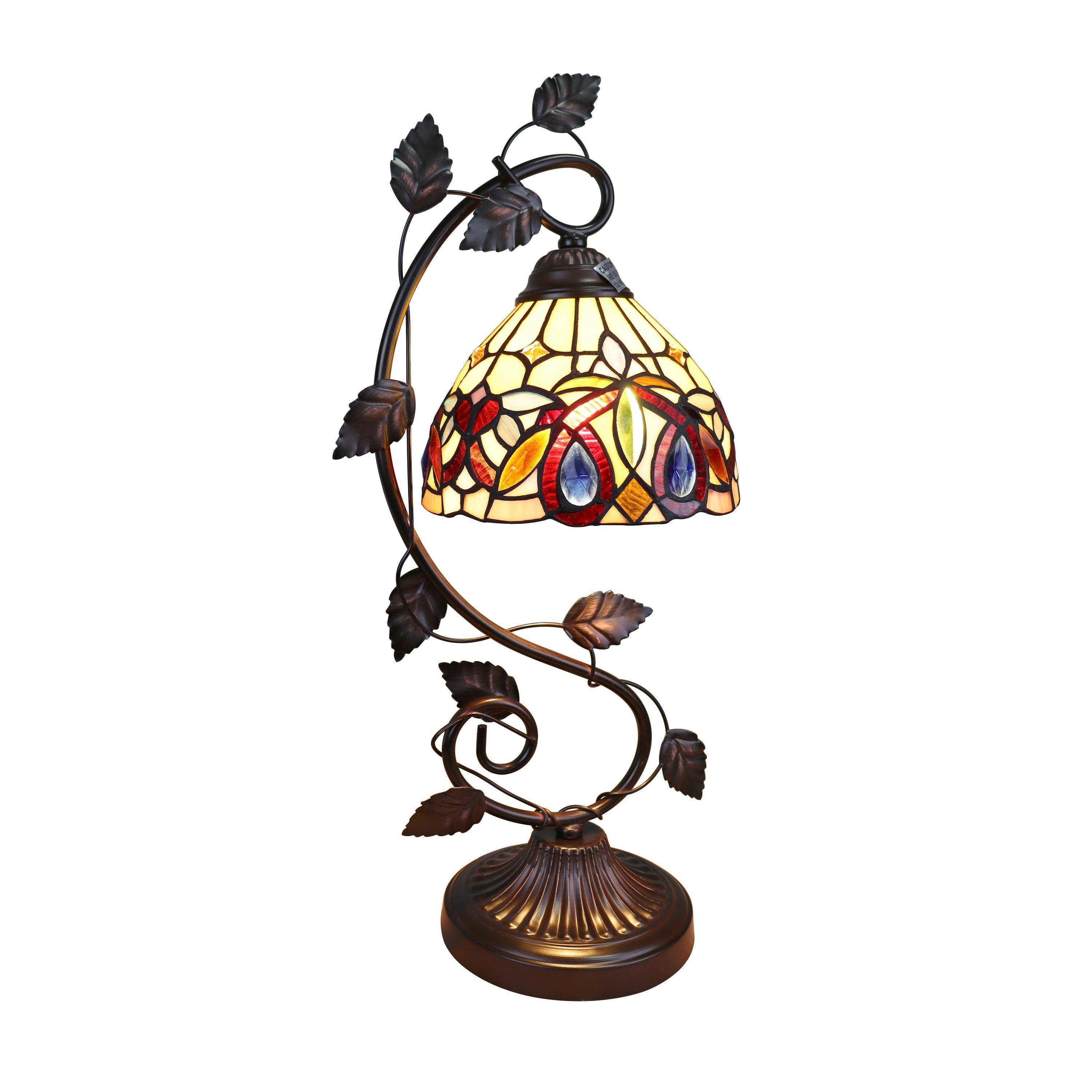 Victorian Tiffany-Style Bronze 7"x22" Stained Glass Table Lamp