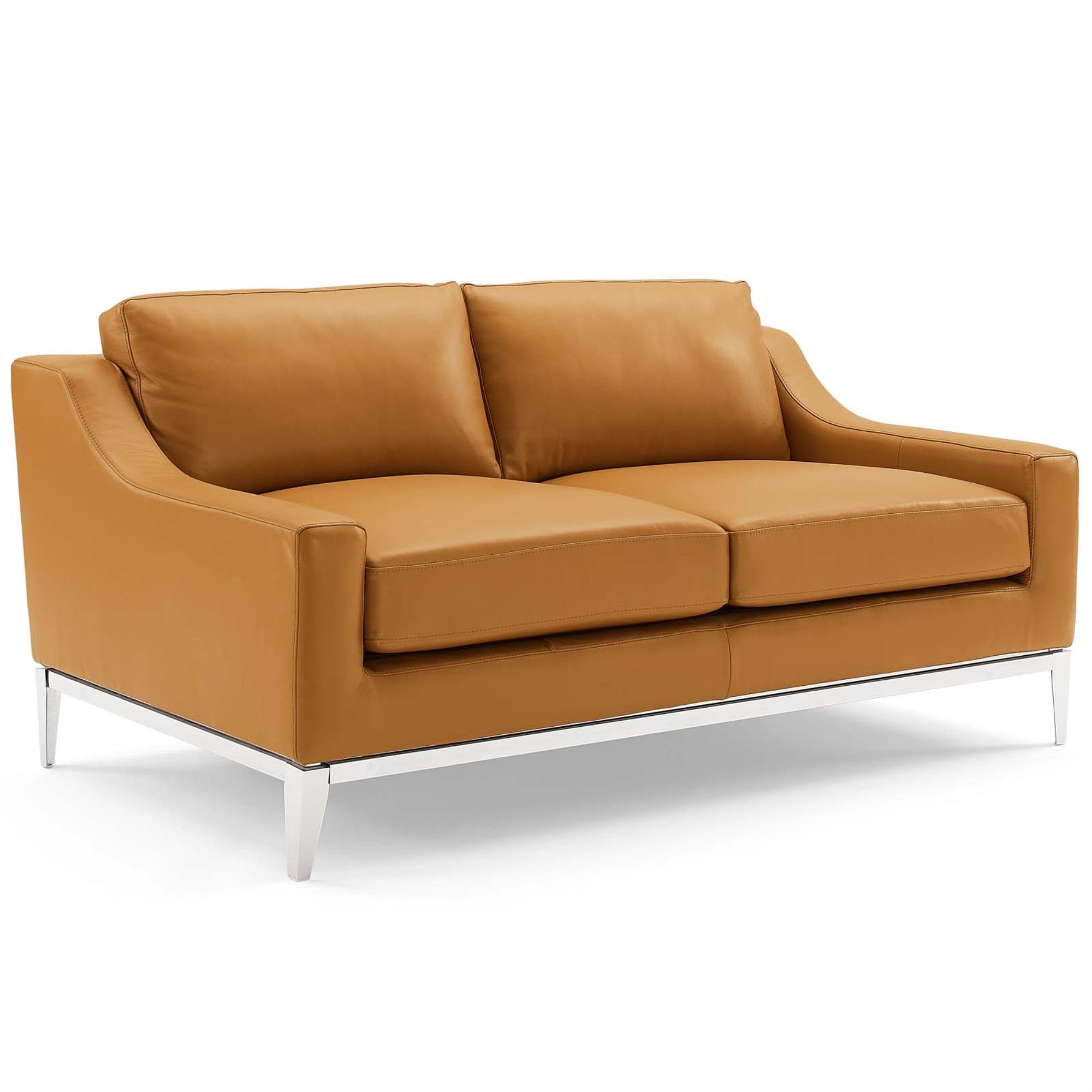 Modern Tan Leather Loveseat with Stainless Steel Base and Removable Cushions