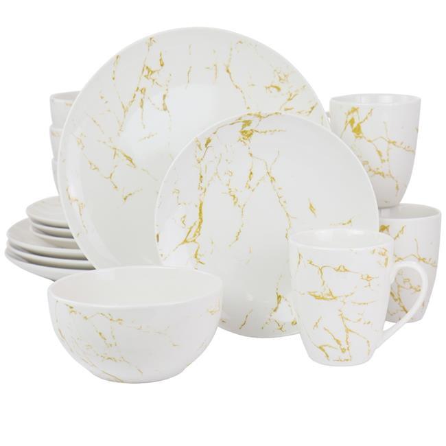 White and Gold Marble Ceramic Dinnerware Set, Service for 4