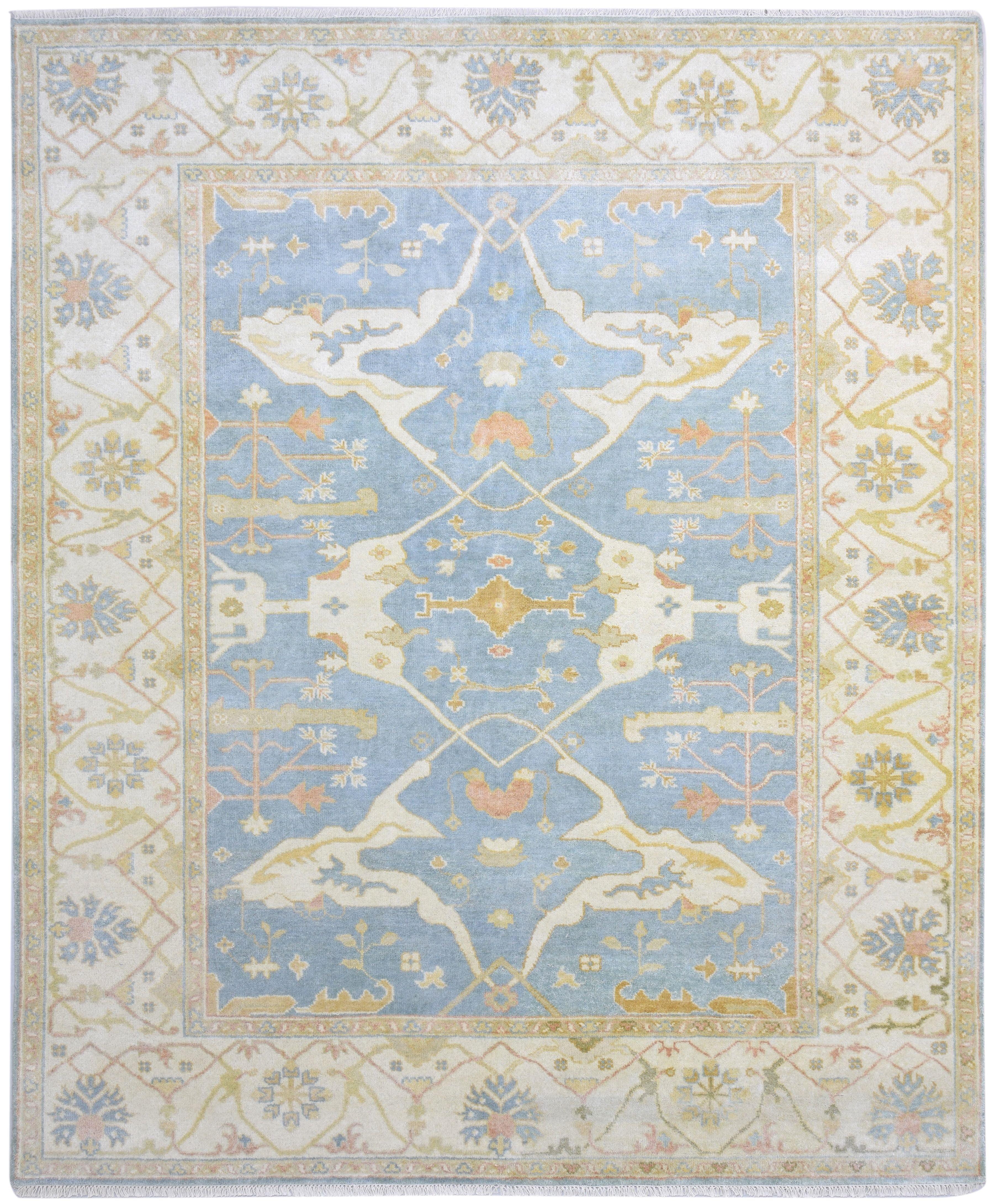 Hand-Knotted Blue and Beige Wool Oriental Rug 8' x 10'