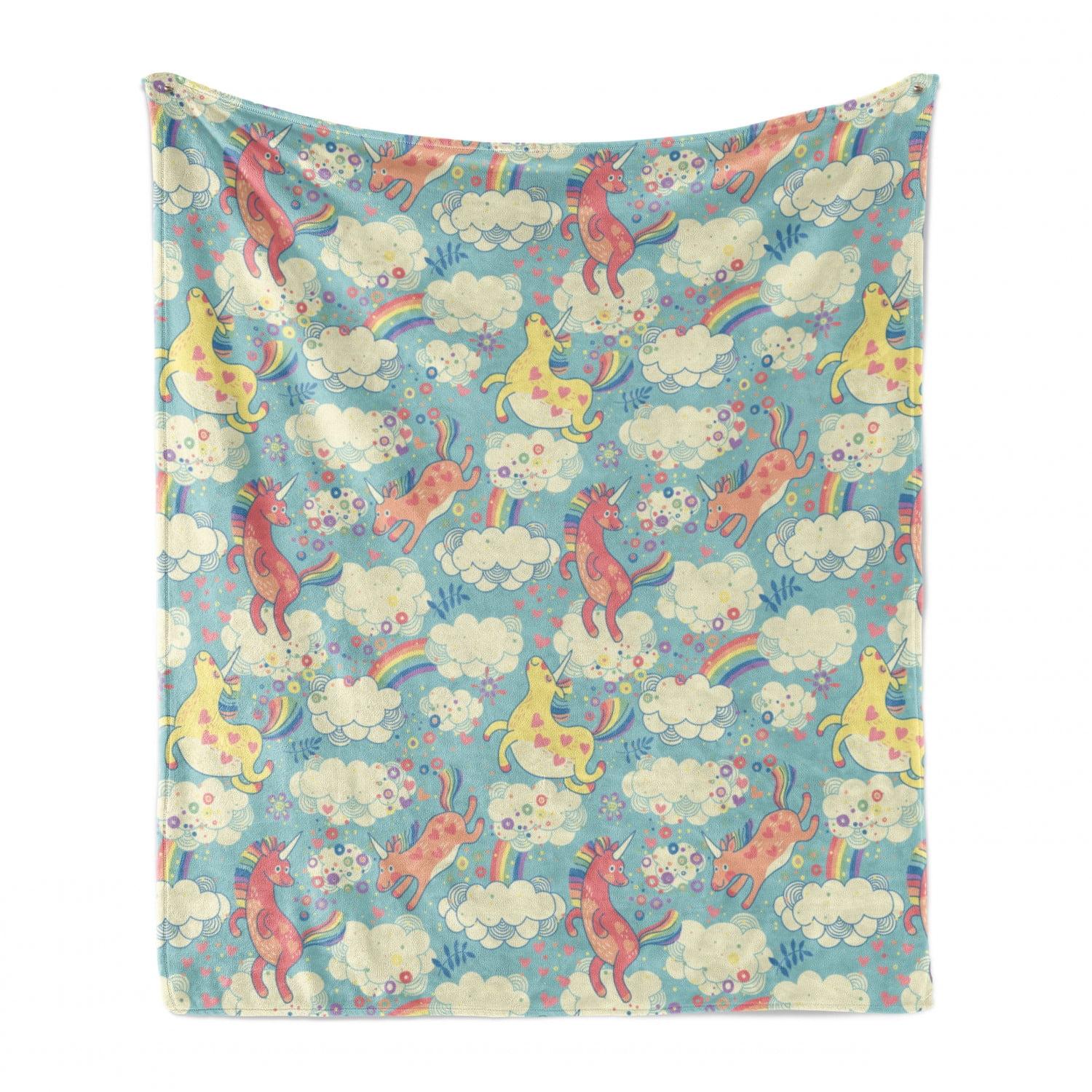 Ambesonne Pastel Fleece Throw Blanket Rainbow Unicorns in Sky Multicolor