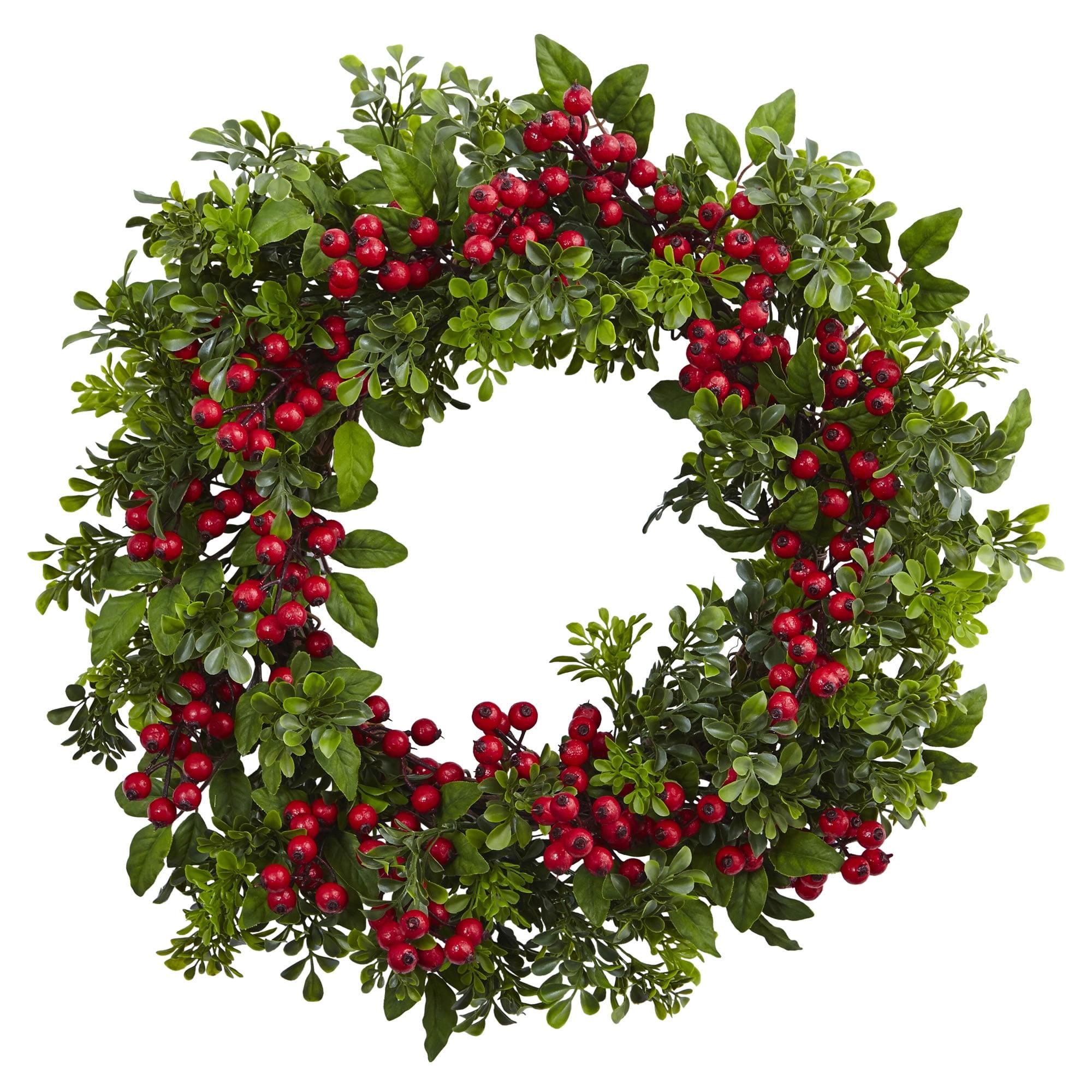 Nearly Natural Berry Boxwood Wreath 24": Faux Polyester & Plastic, Indoor Wall Decor, Unlit Winter Theme