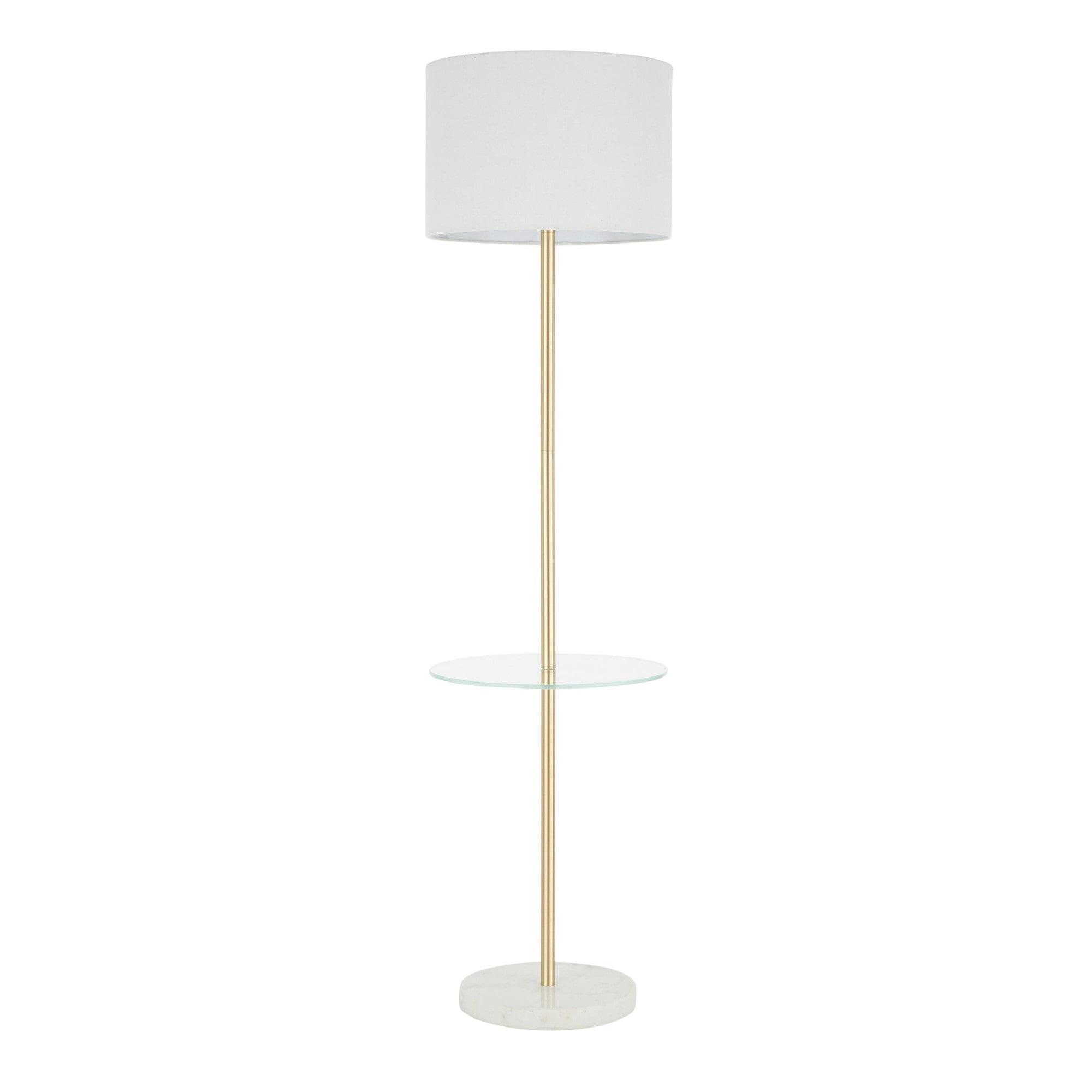 Chloe Contemporary Gold and White Shelf Floor Lamp with Linen Shade