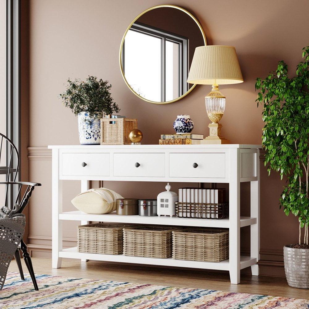 White Pine Wood Console Table with Storage Shelves and Drawers