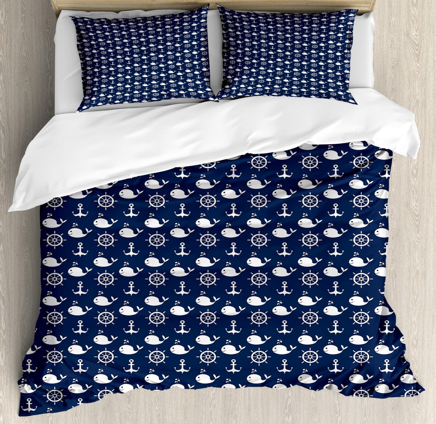 Navy Blue Nautical Pattern Queen Duvet Cover Set