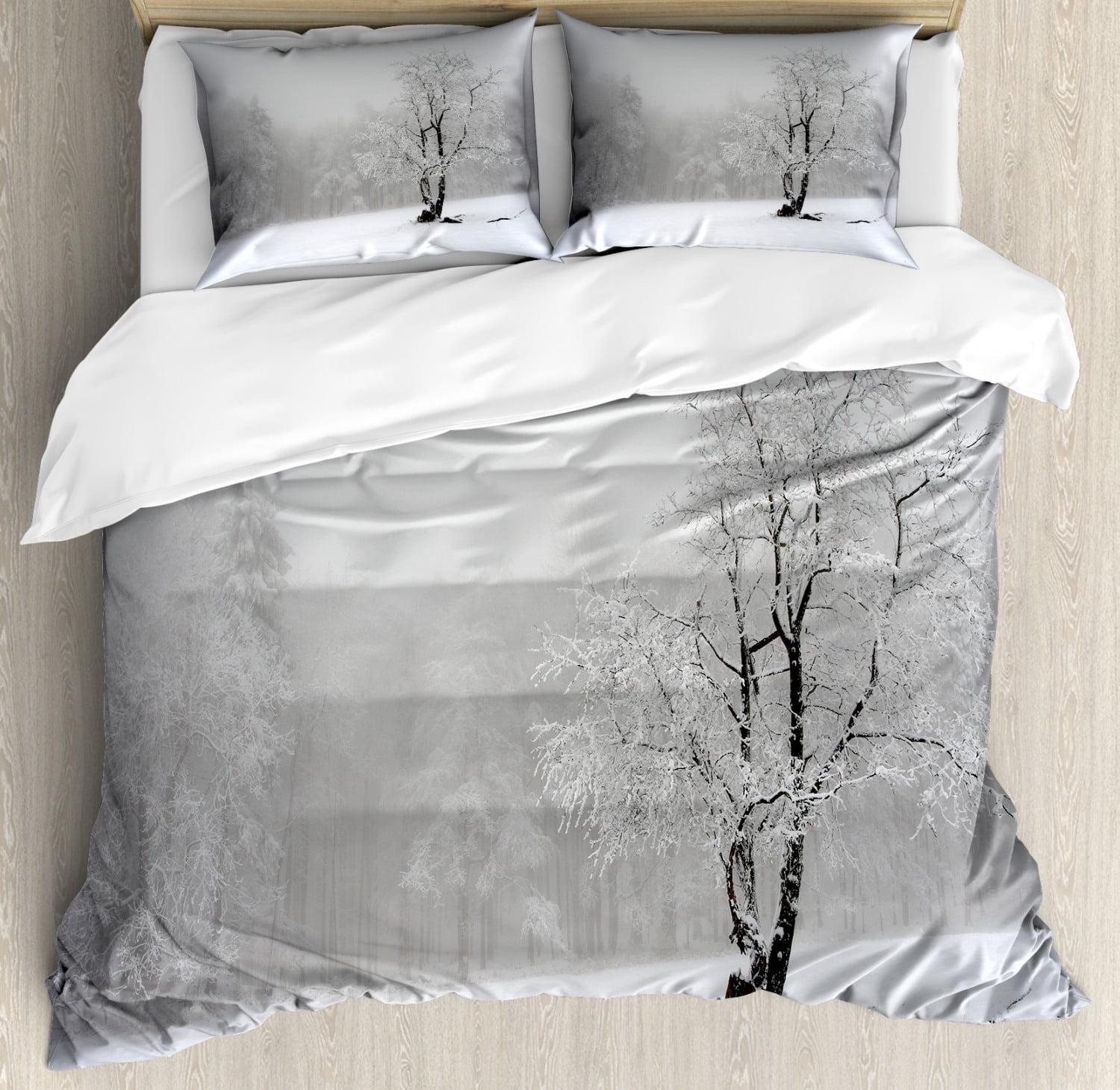 Winter Landscape White and Black Microfiber Duvet Cover Set