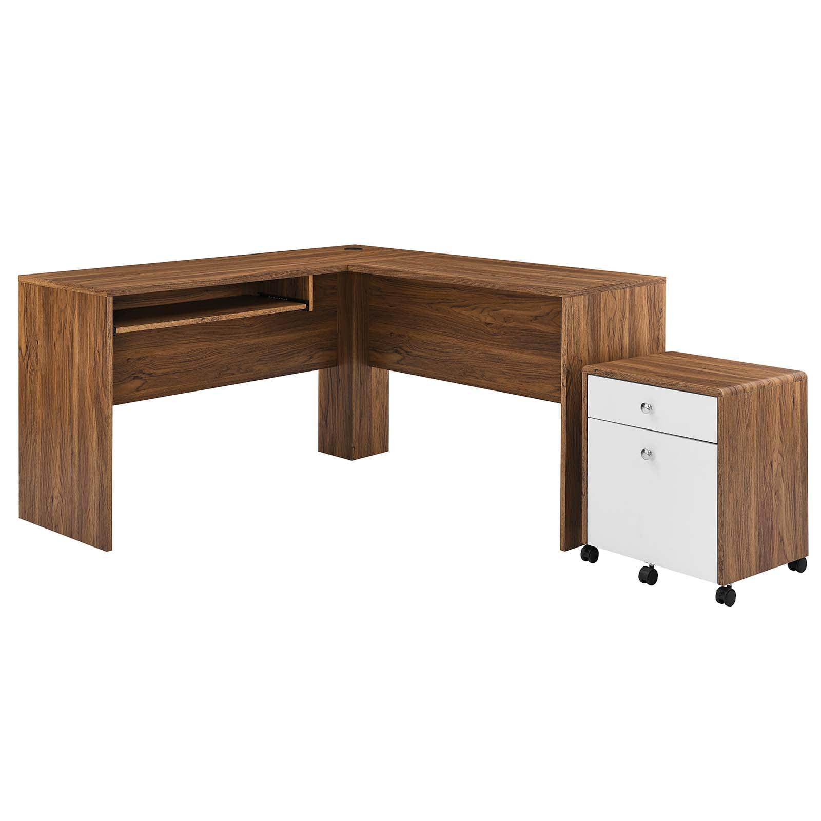 Modern L-Shaped Workstation Desk with File Cabinet, White and Walnut