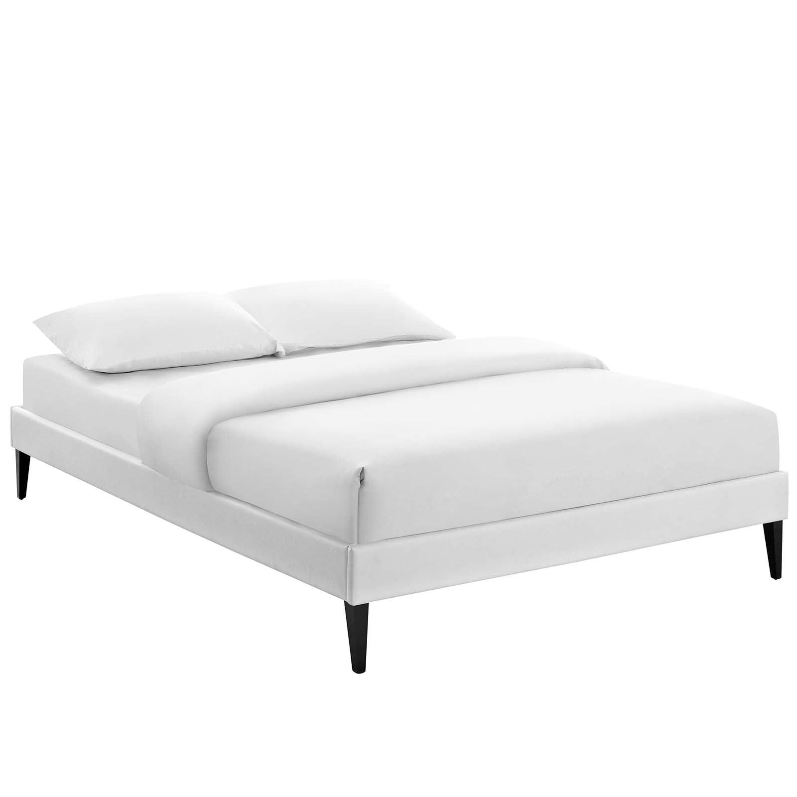 Sleek White Queen Platform Bed with Faux Leather Upholstery
