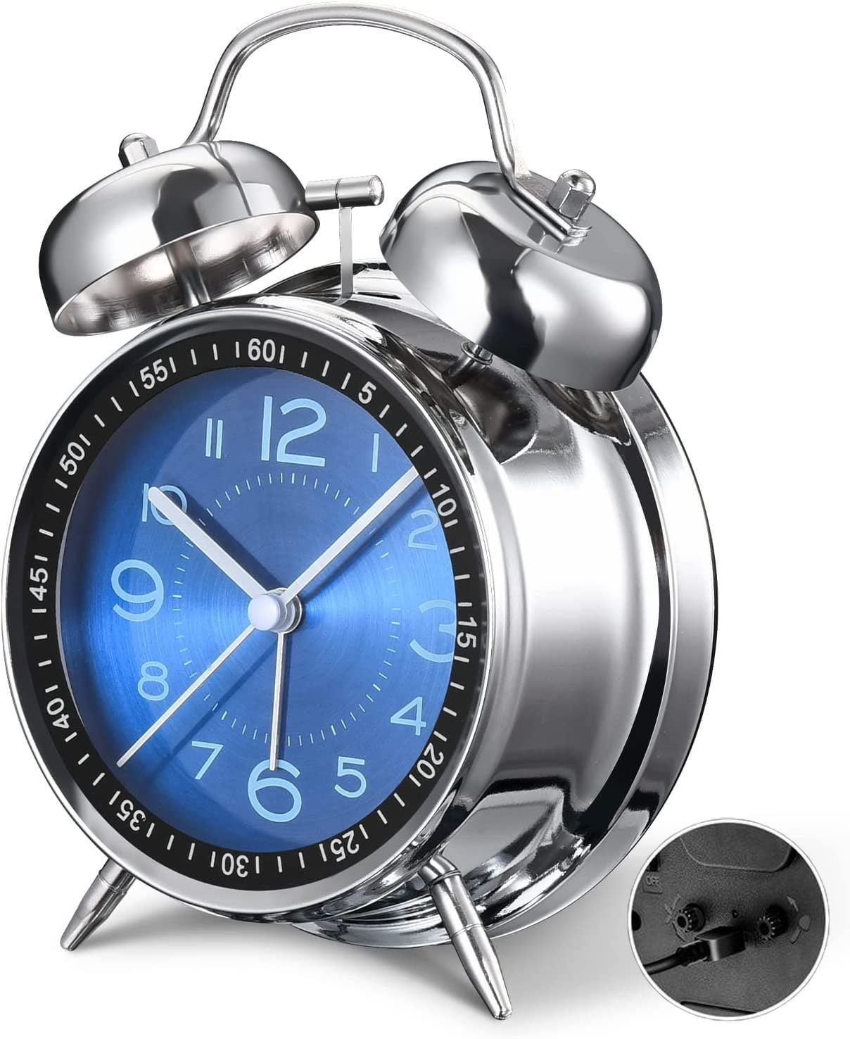 Blue Twin Bell Retro Metal Analog Alarm Clock