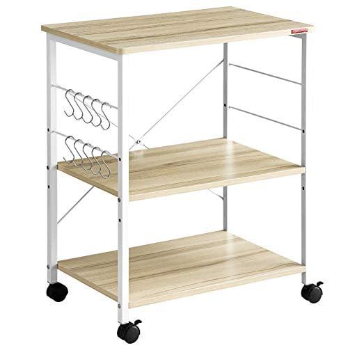 Mr IRONSTONE 3-Tier Kitchen Bakers Rack Utility Microwave Oven Stand Storage Cart Workstation Shelf(Light Beige Top+White Metal Frame)