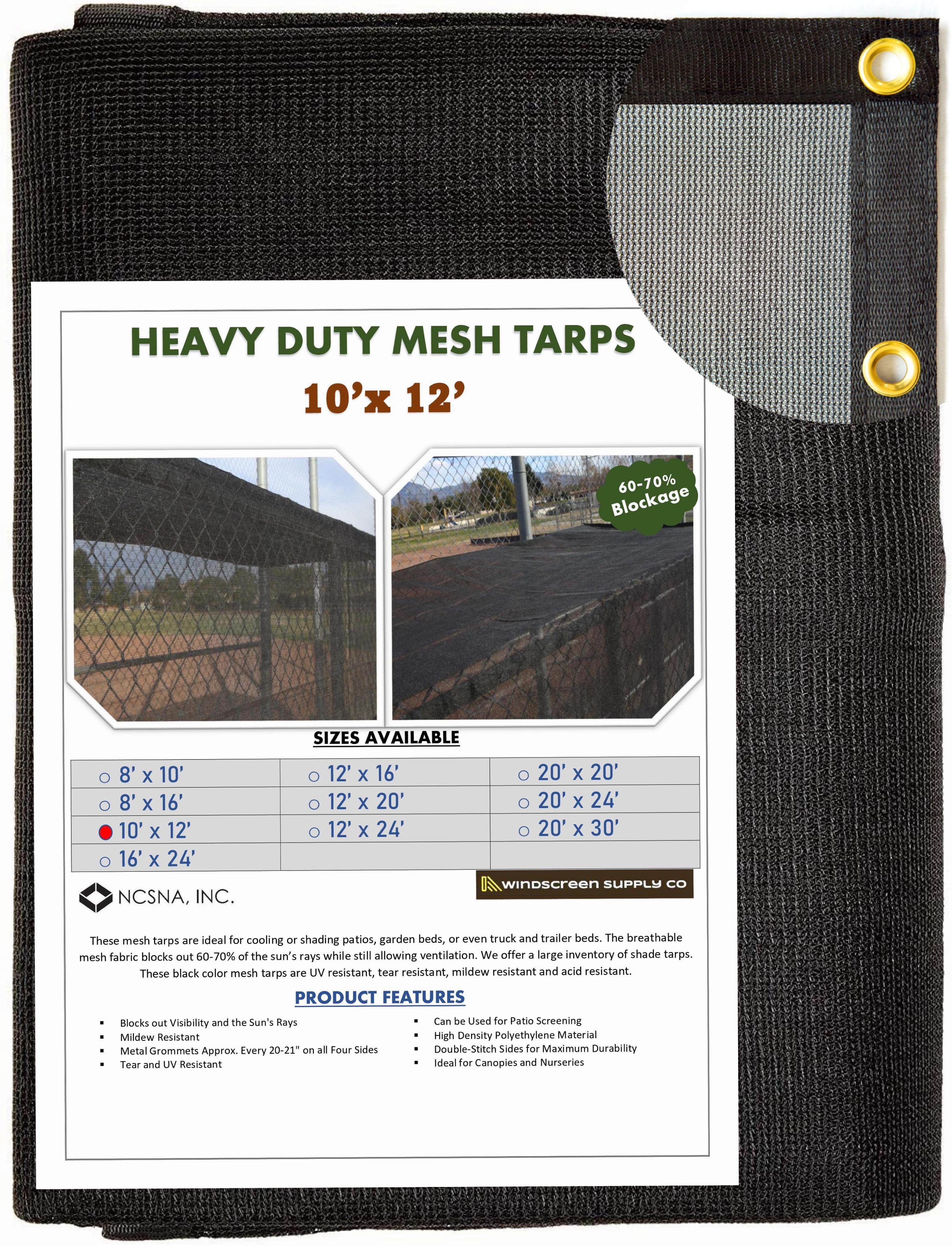 WindscreenSupplyCo Heavy Duty 10' x 12' Black Knitted Mesh Tarp with Grommets 60-70% Shade