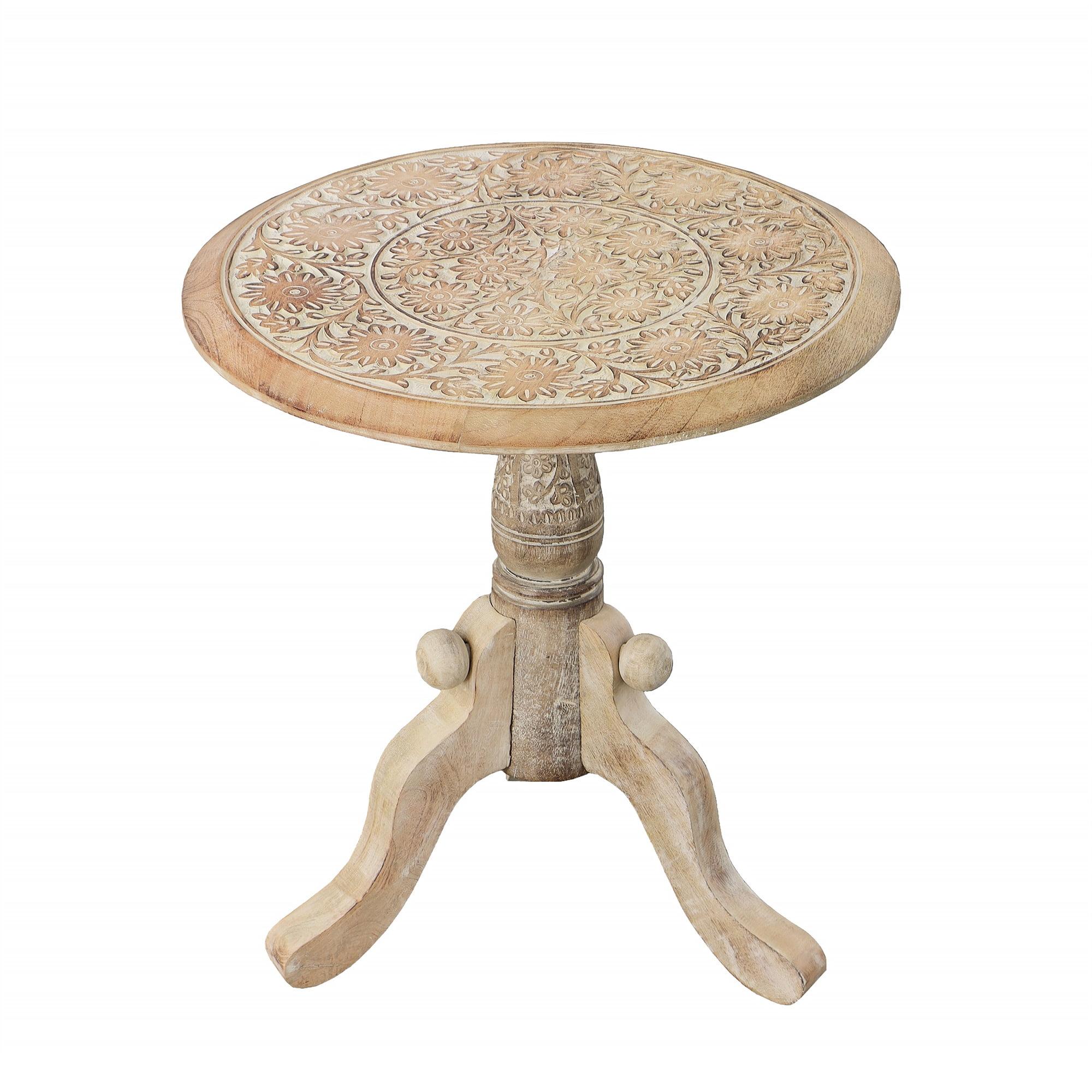 Elegant Carved Mango Wood Round Side Table in Brown and White