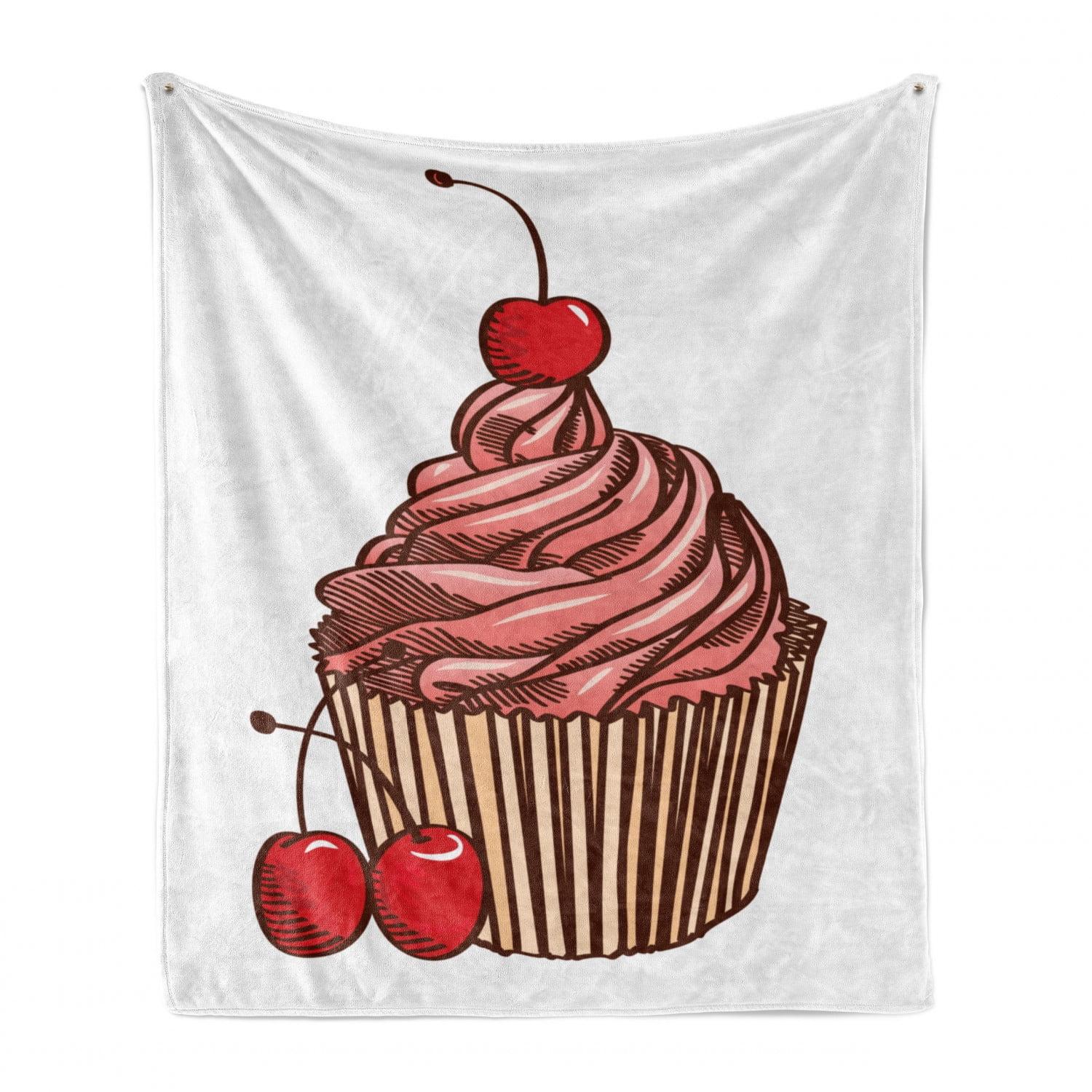 Ambesonne Cupcake Fleece Throw Blanket Delicious Cake with Cherry Coral Vermilion Peach