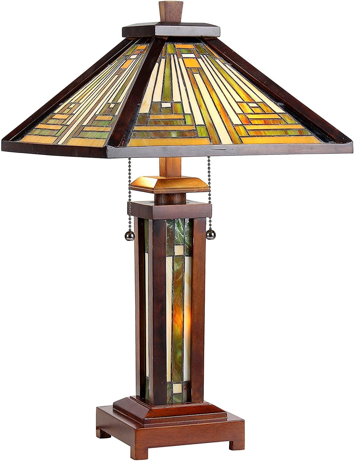 Walnut Finish Mission Style Double Lit Stained Glass Table Lamp