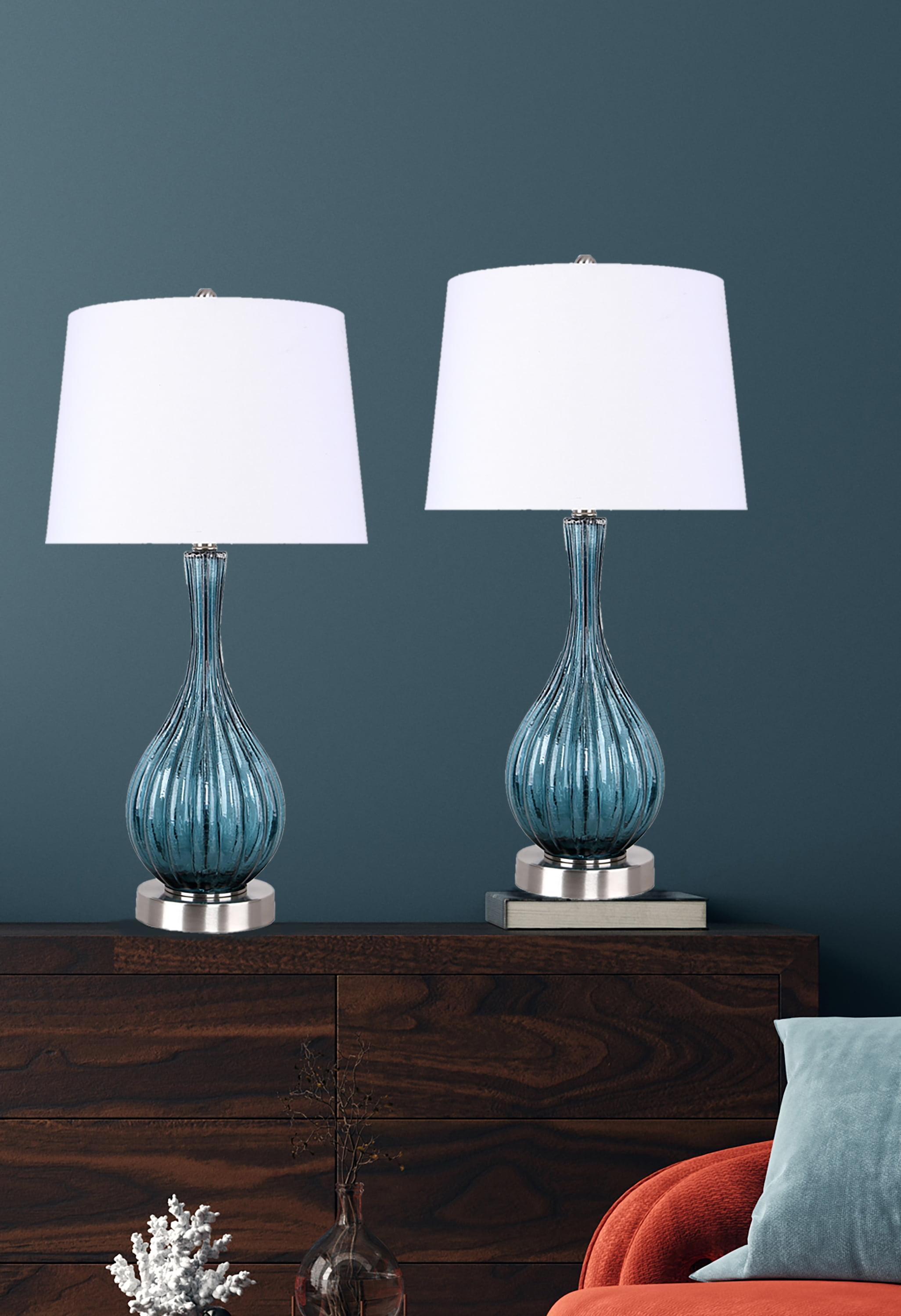 Sapphire Blue Crackle Glass Table Lamps with Off-White Linen Shades, Set of 2