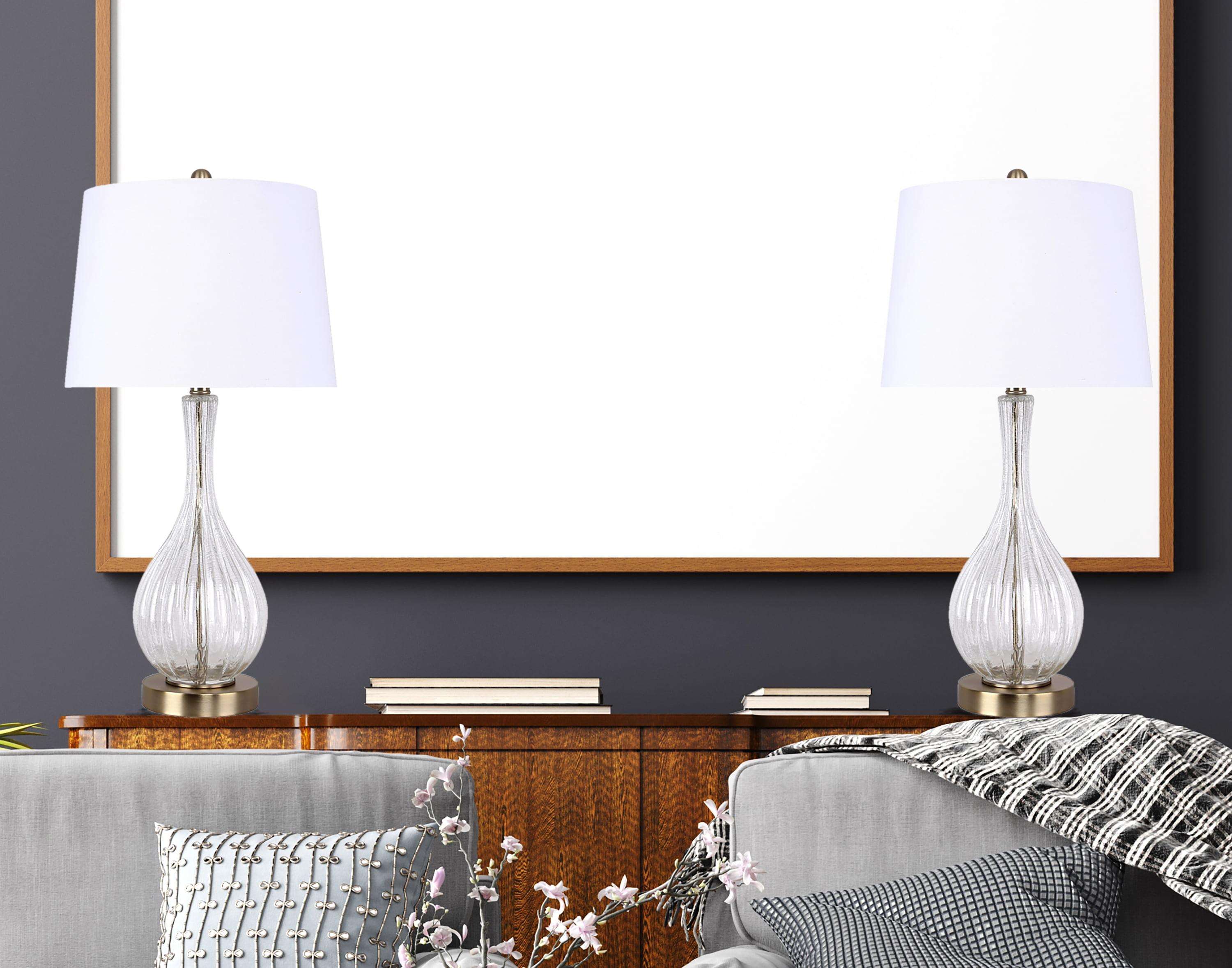 LumiSource (Set of 2) Jenny 27.25" Contemporary Glass Table Lamps Clear Crackle Glass Gold Metal and White Linen Shade from Grandview Gallery
