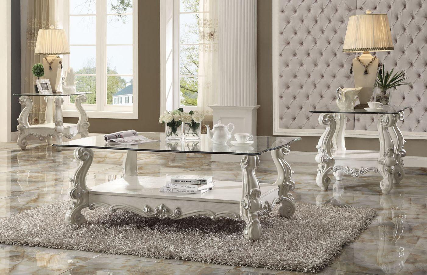 Grandiose Bone White & Clear Glass Traditional Coffee Table