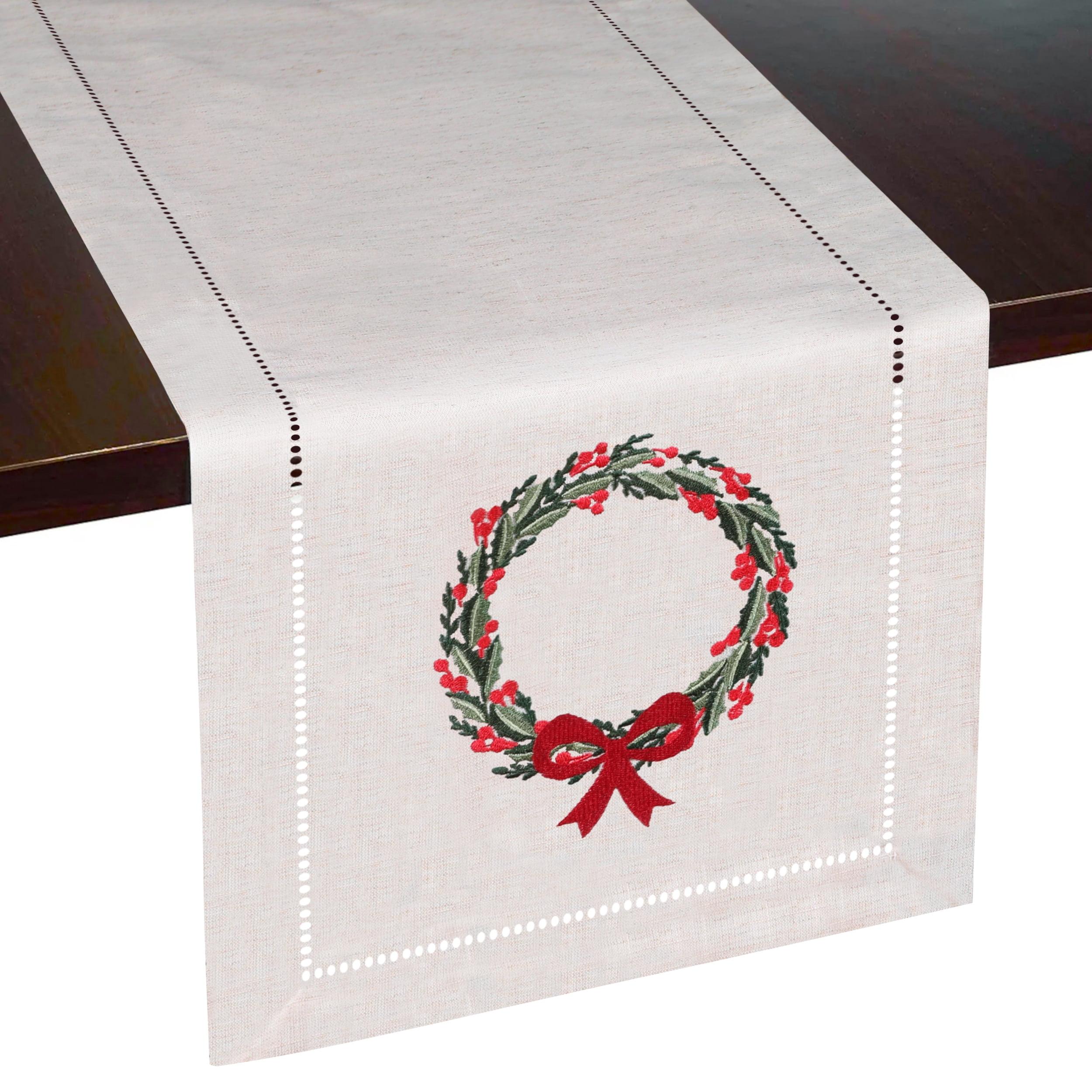 Beige Embroidered Wreath Hemstitch Table Runner 13 x 72 Inch