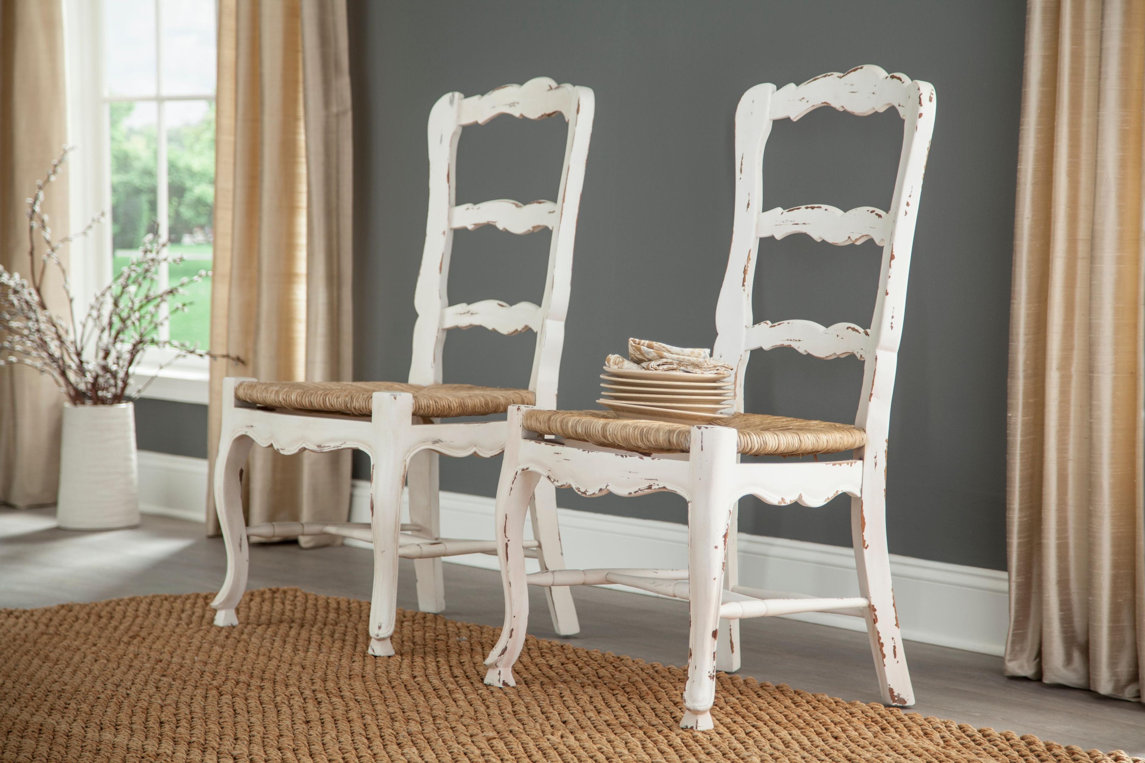 Distressed White Ladderback Side Chairs with Cane Seats, Set of 2