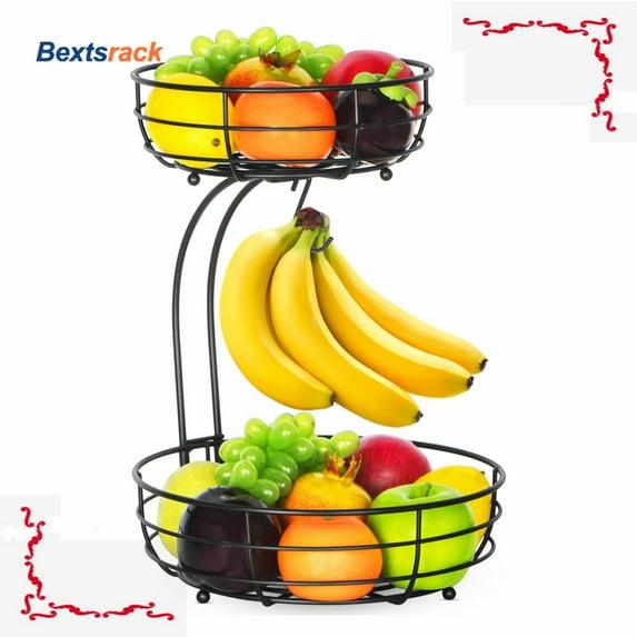 Bextsrack Fruit Basket for Kitchen Countertop, 2-Tier Vegetable Fruit Bowl with Banana Hanger, Black