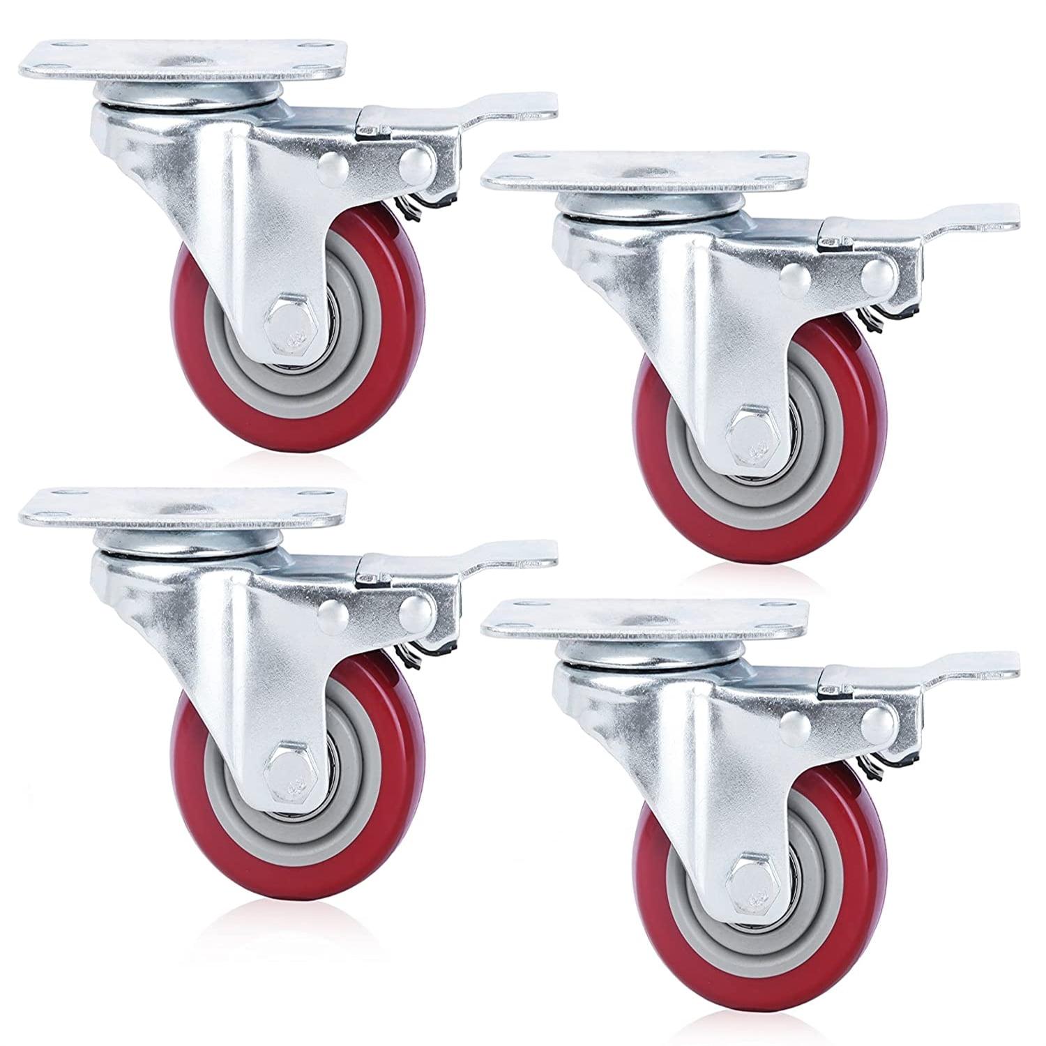 3'' Red Polyurethane Lockable Swivel Caster Wheels Set of 4