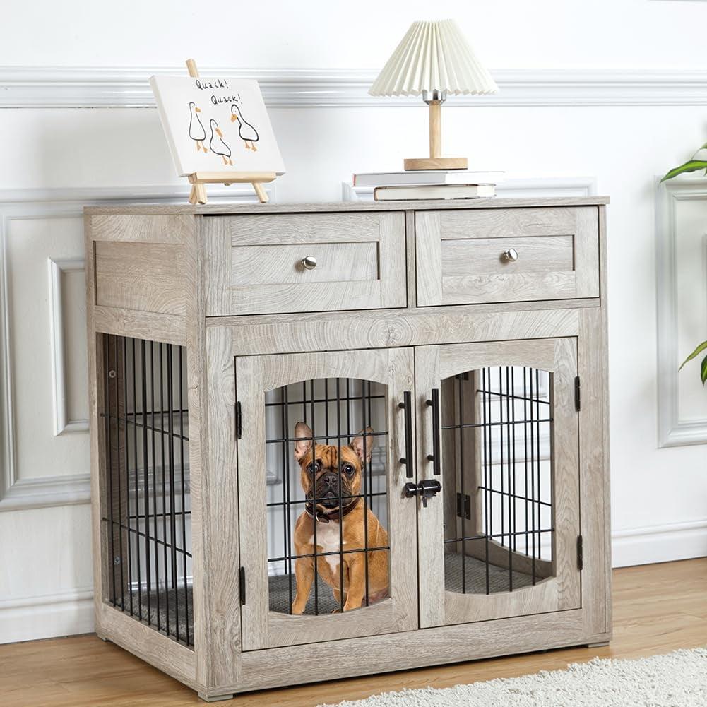 Rustic Gray Medium Wooden Dog Crate Table with Drawers