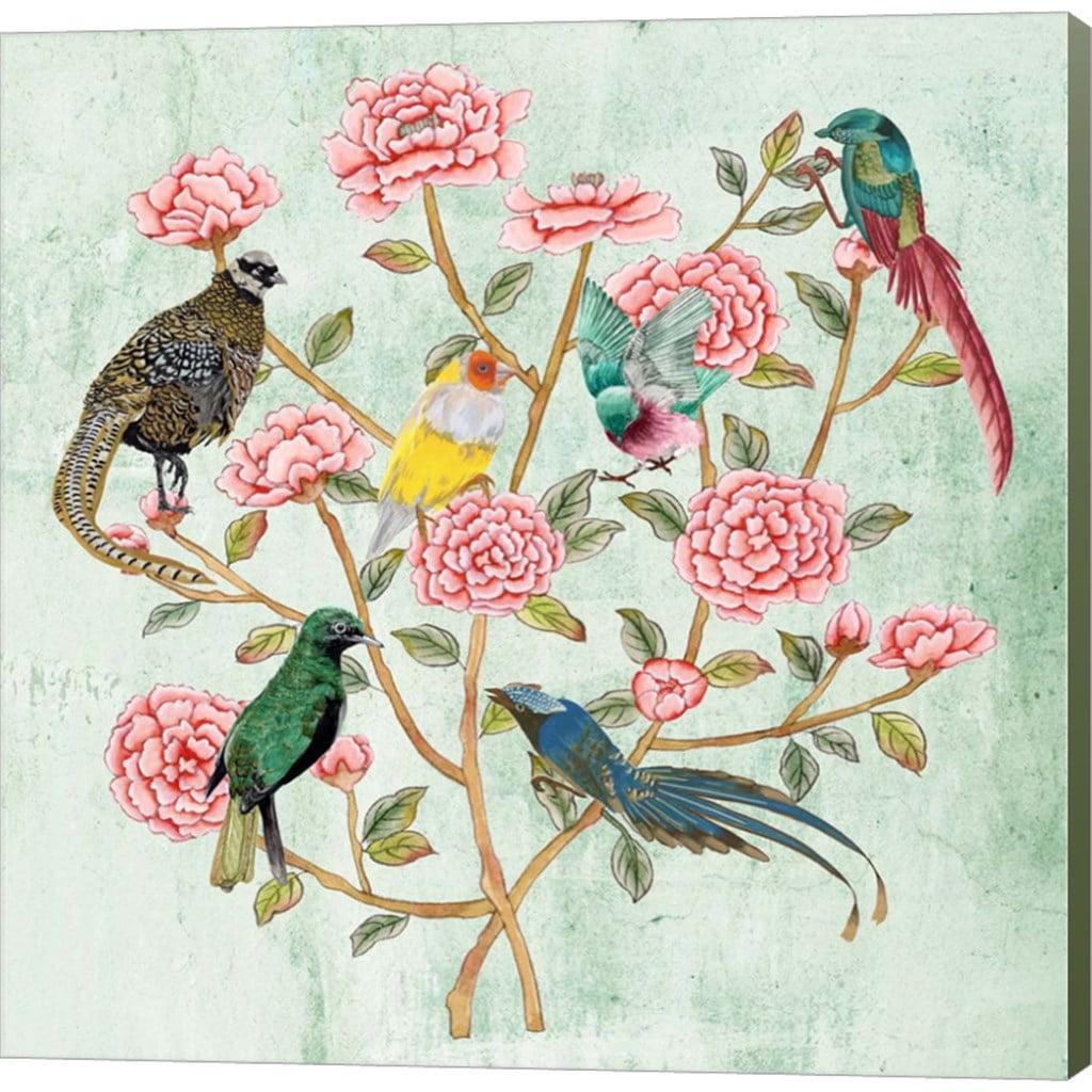 Minty Chinoiserie II 12x12 Canvas Art with Birds and Flowers