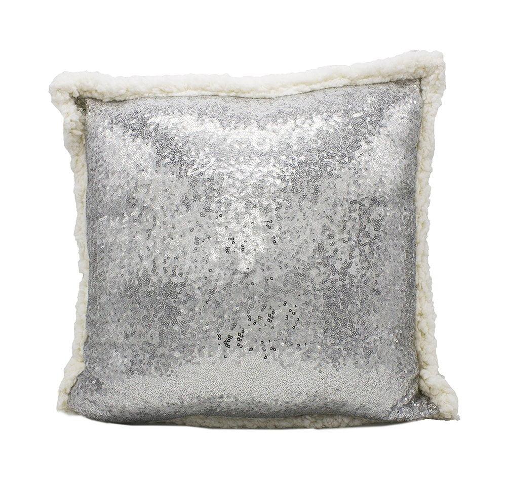 18"x18" Poly Filled Sequin & Faux Shearling Square Throw Pillow Silver - Saro Lifestyle: Modern Indoor Decor, Zipper Closure