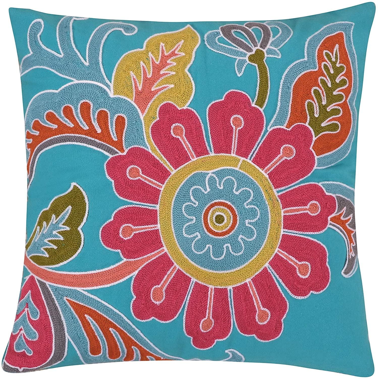 Palisades Crewel-Stitched Floral Decorative Pillow in Teal - 18"x18"