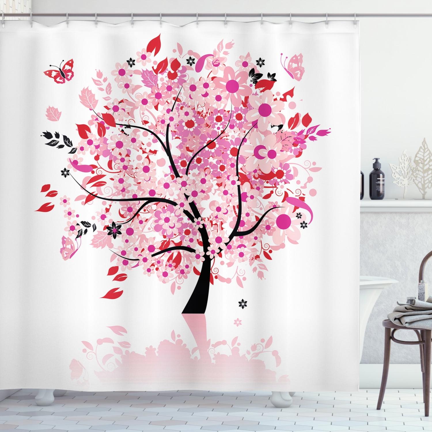 Pink and White Floral Tree Fabric Shower Curtain with Hooks